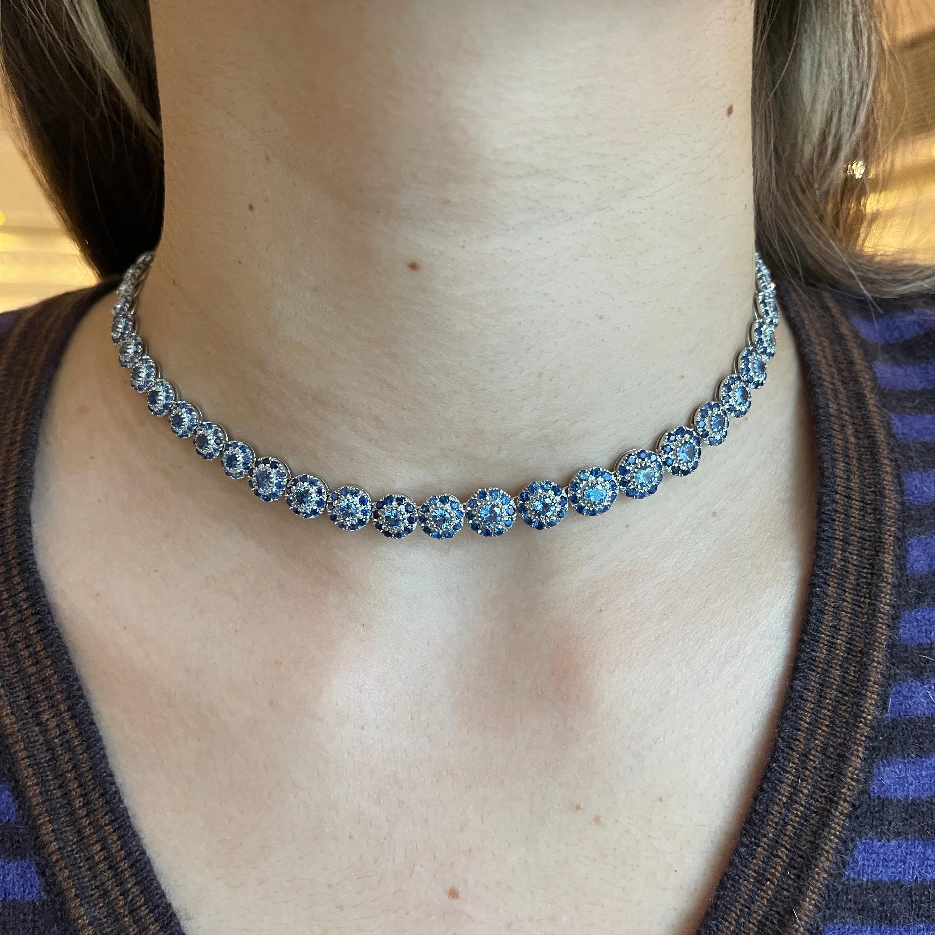 18K White Gold Floral Sapphire Choker Necklace For Sale 3