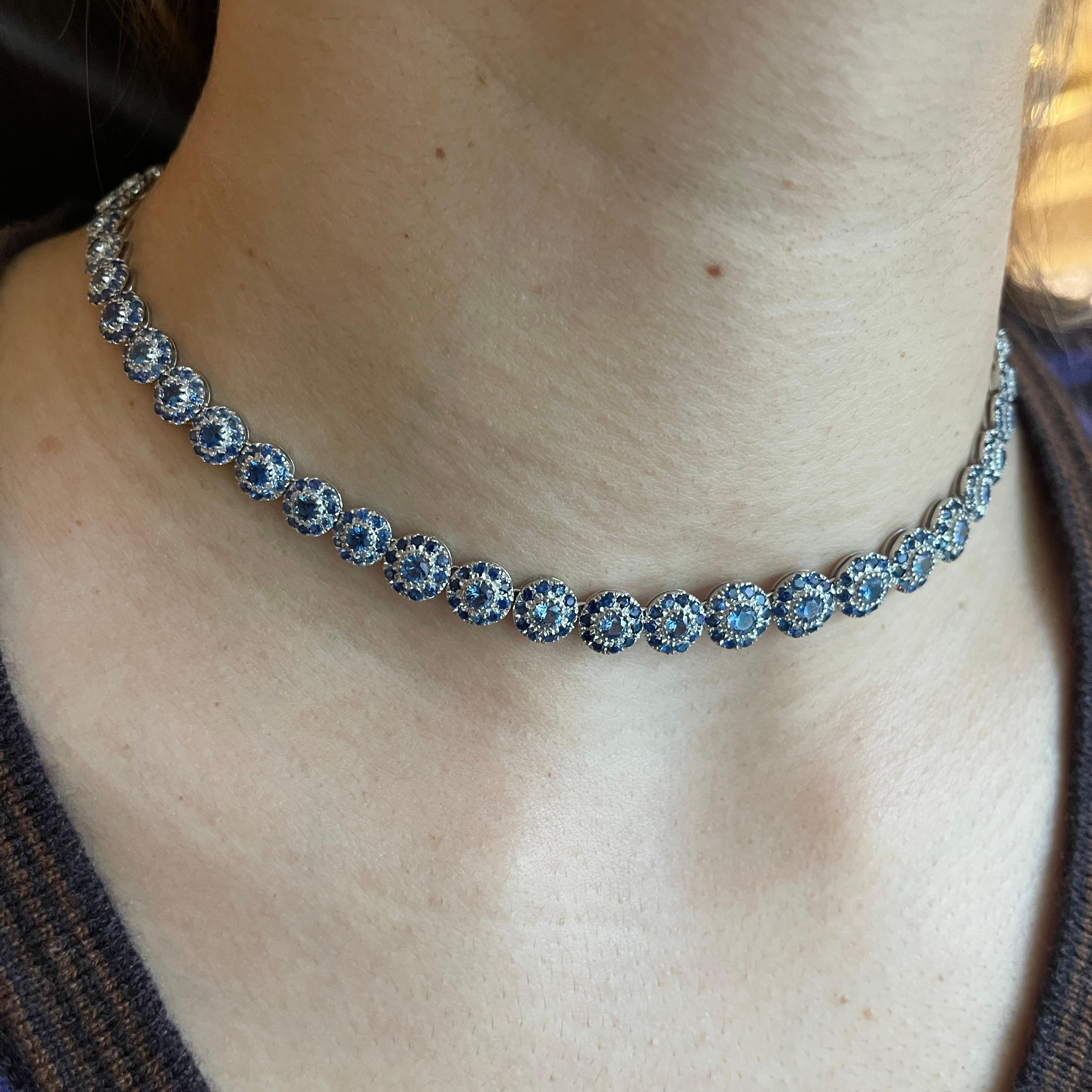18K White Gold Floral Sapphire Choker Necklace For Sale 4