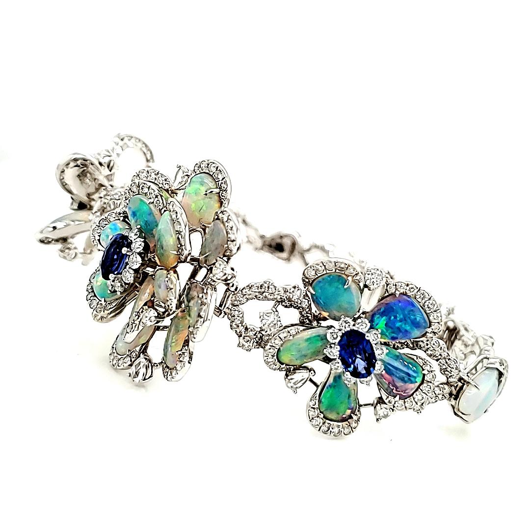 Contemporary 18k White Gold Floral White Opal Cts 11.41 Sapphire Cts 1.80 & Diamond Bracelet For Sale
