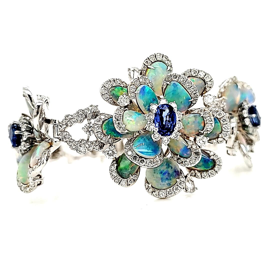 Round Cut 18k White Gold Floral White Opal Cts 11.41 Sapphire Cts 1.80 & Diamond Bracelet For Sale