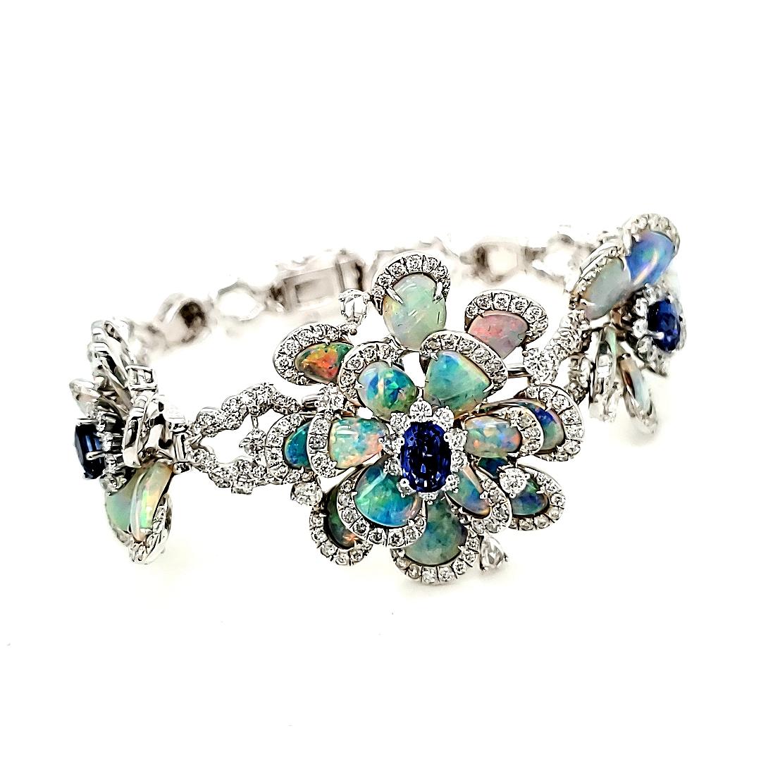 18k White Gold Floral White Opal Cts 11.41 Sapphire Cts 1.80 & Diamond Bracelet In New Condition For Sale In Hong Kong, HK