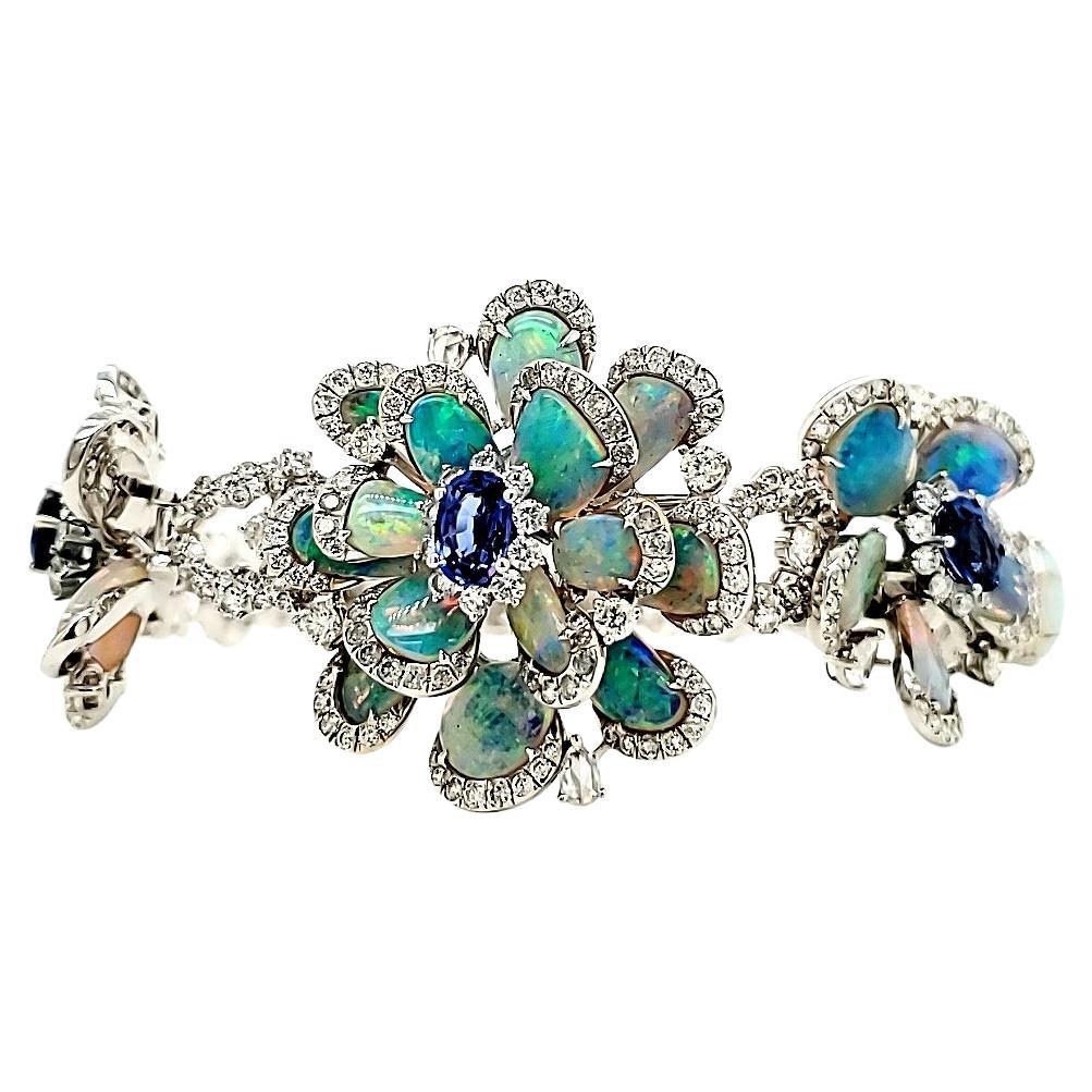 18k White Gold Floral White Opal Cts 11.41 Sapphire Cts 1.80 & Diamond Bracelet For Sale