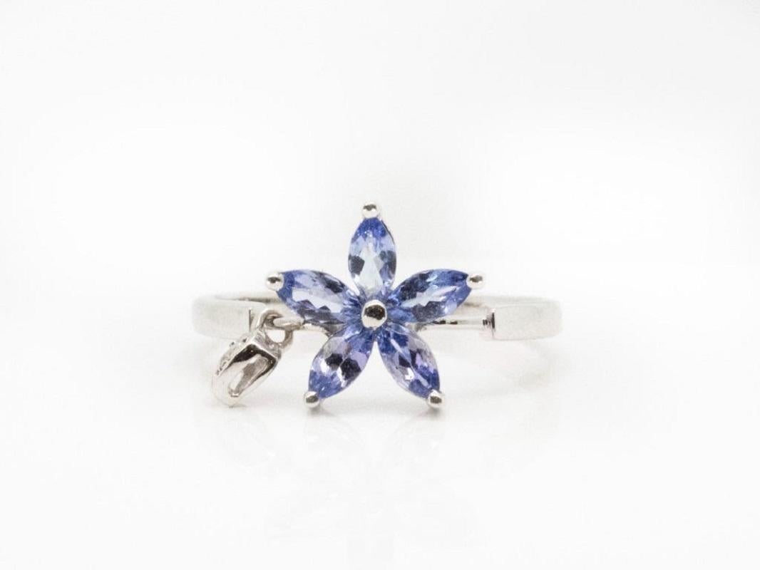 18K White Gold Flower Design Ring with 1.05 Ct Diamond and Tanzanite, NGI Cert For Sale 1