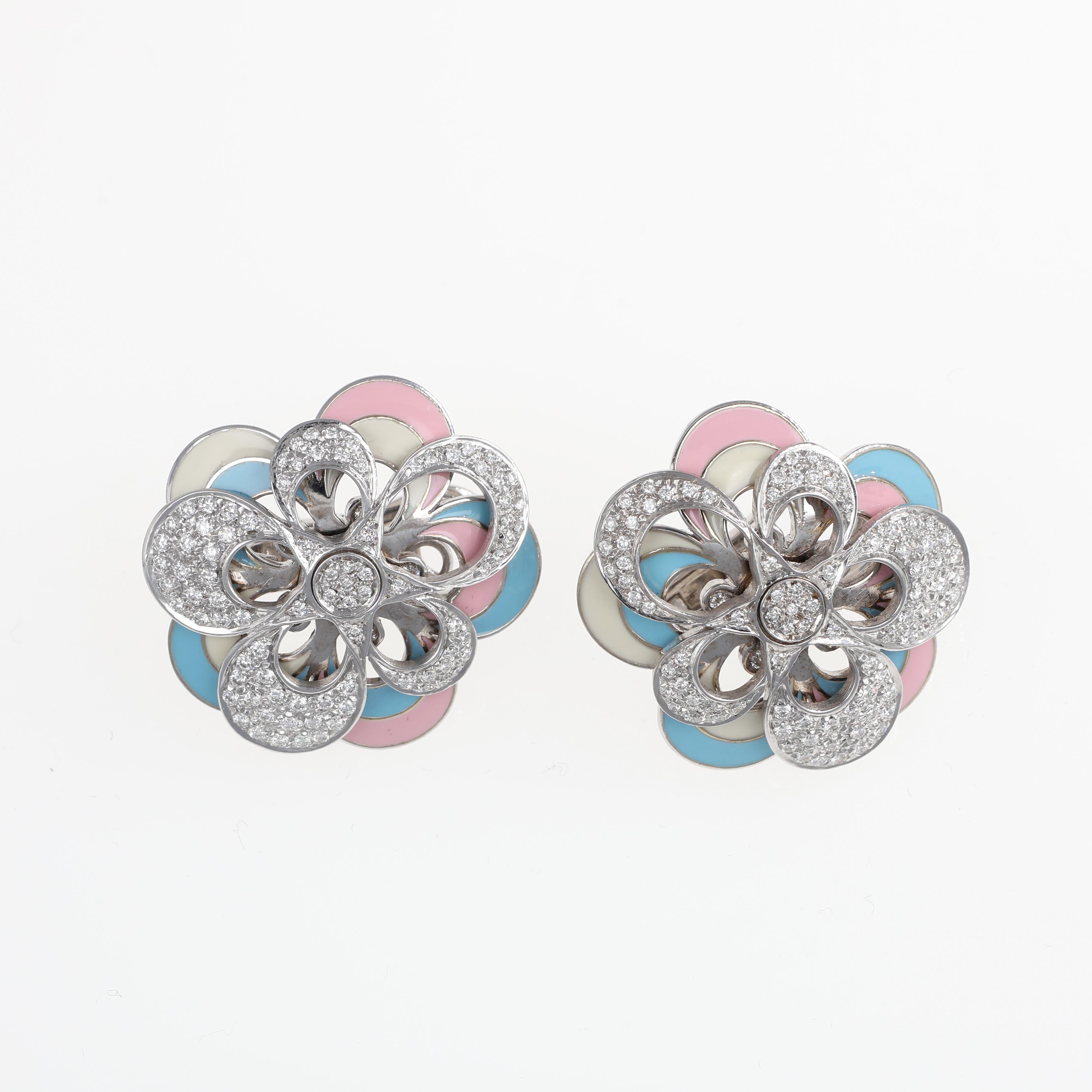Brilliant Cut 18K White Gold Flower Earrings with Diamonds and Colored Enamel For Sale