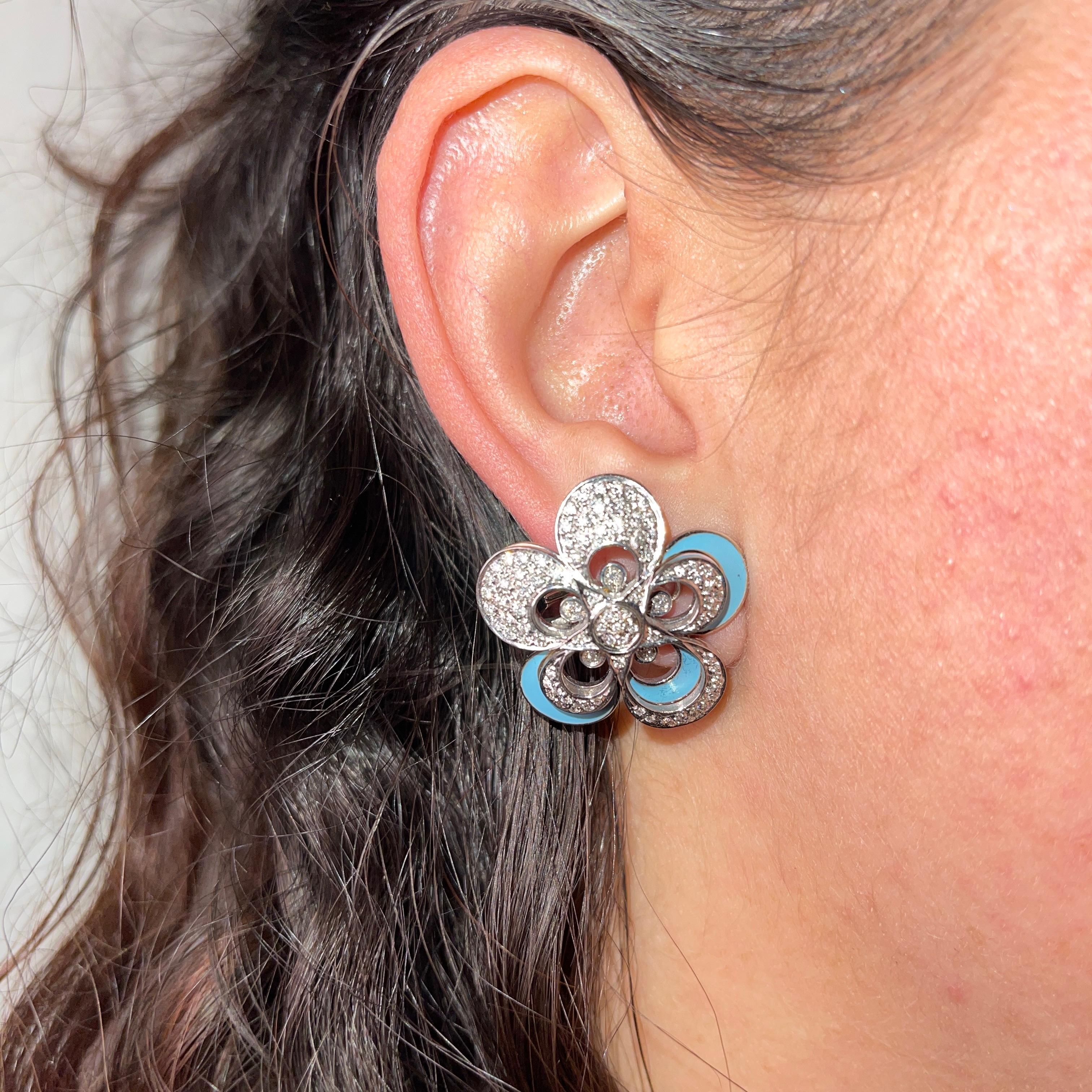 Women's or Men's 18K White Gold Flower Earrings with Diamonds and Colored Enamel For Sale