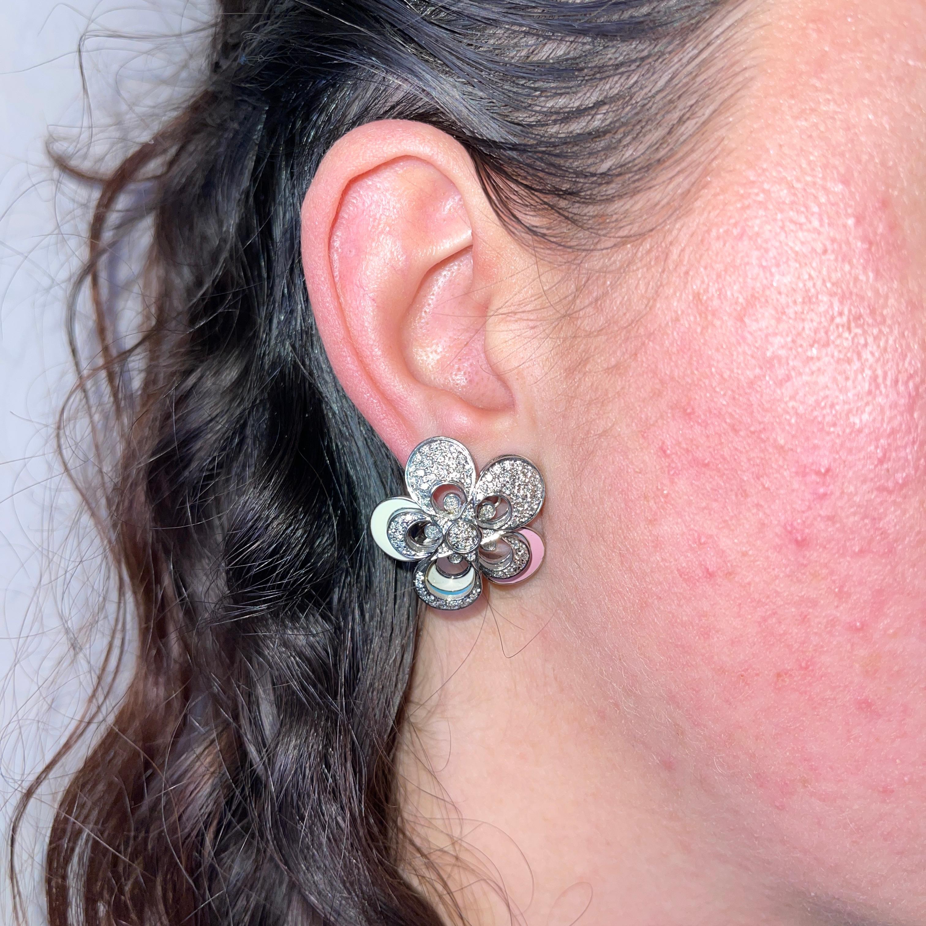 18K White Gold Flower Earrings with Diamonds and Colored Enamel For Sale 2