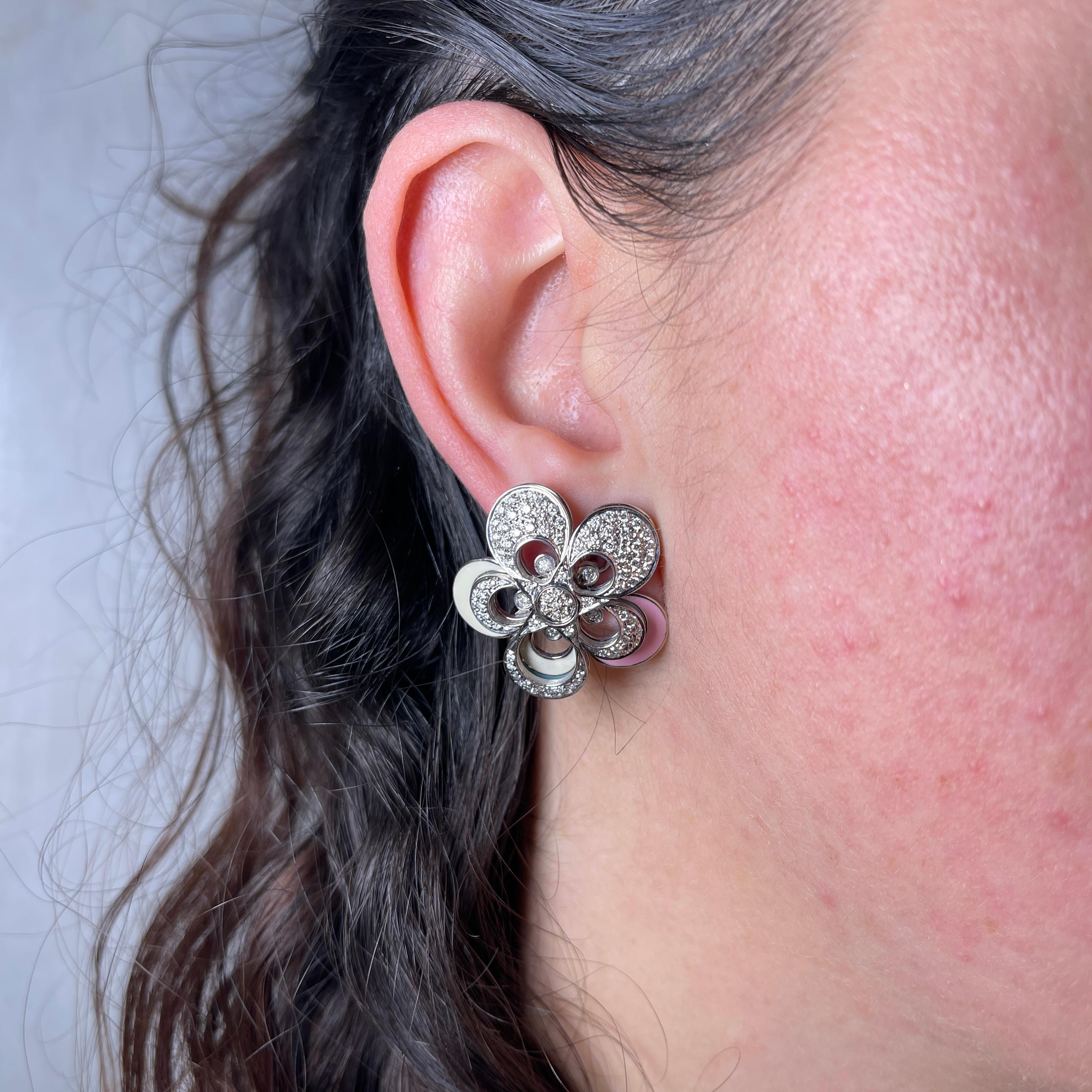 18K White Gold Flower Earrings with Diamonds and Colored Enamel For Sale 3