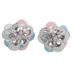 18K White Gold Flower Earrings with Diamonds and Colored Enamel