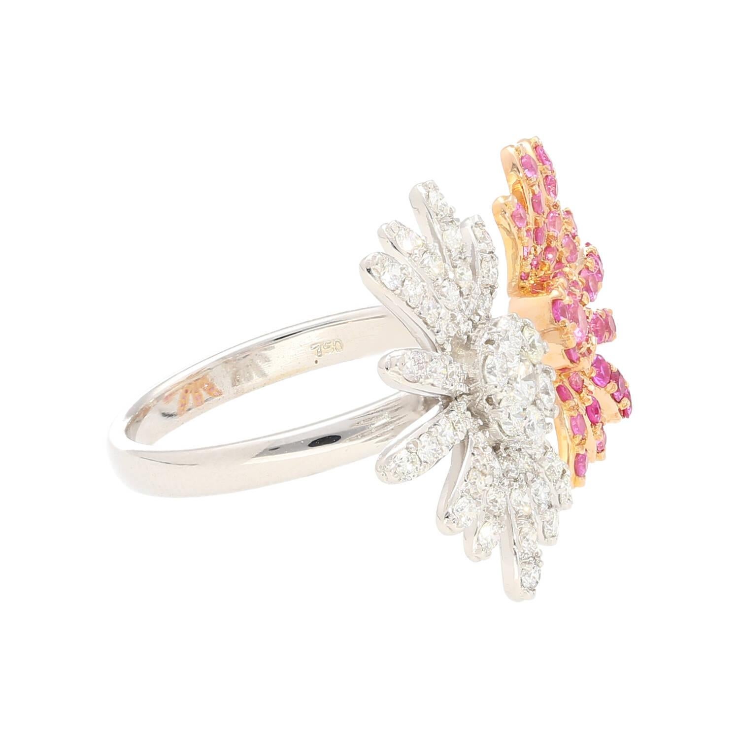 Round Cut 18k White Gold Flower Open Toi Et Moi Ring, Pink Sapp. & Diamond Open Ring For Sale