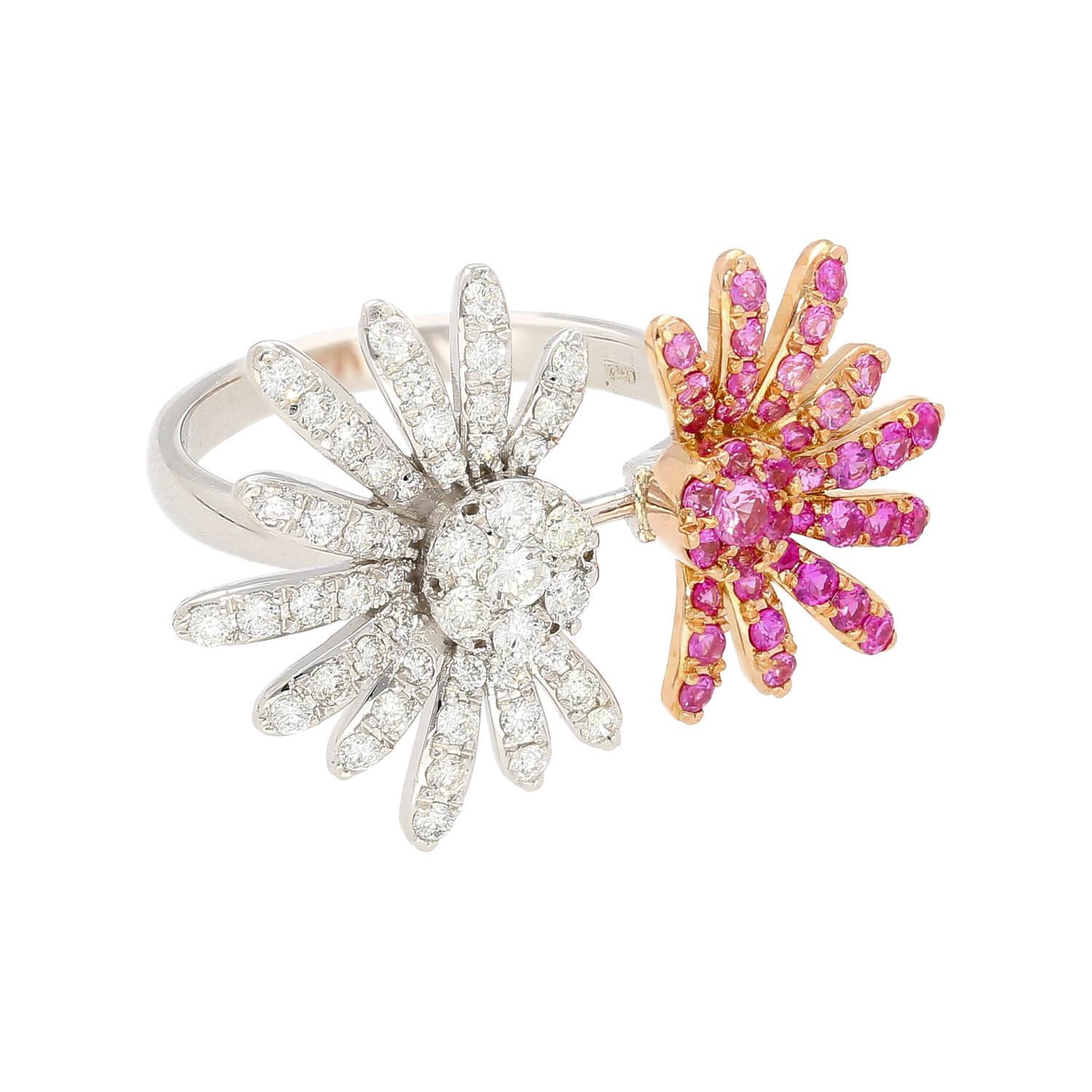 Offener Toi Et Moi-Ring aus 18 Karat Weißgold mit Blumenmuster, rosa Sapp. und Diamant im Zustand „Neu“ im Angebot in Miami, FL