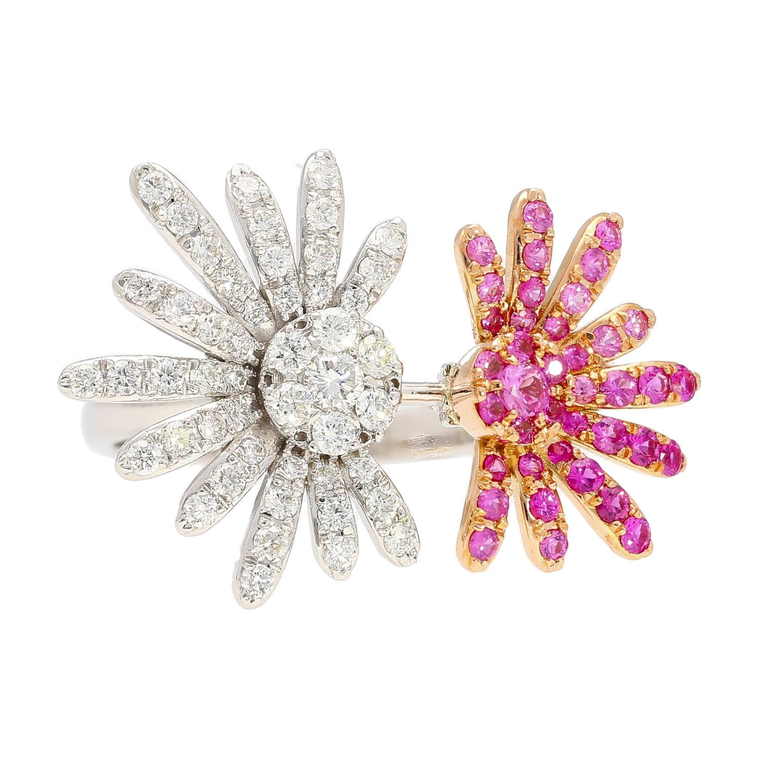 Women's 18k White Gold Flower Open Toi Et Moi Ring, Pink Sapp. & Diamond Open Ring For Sale