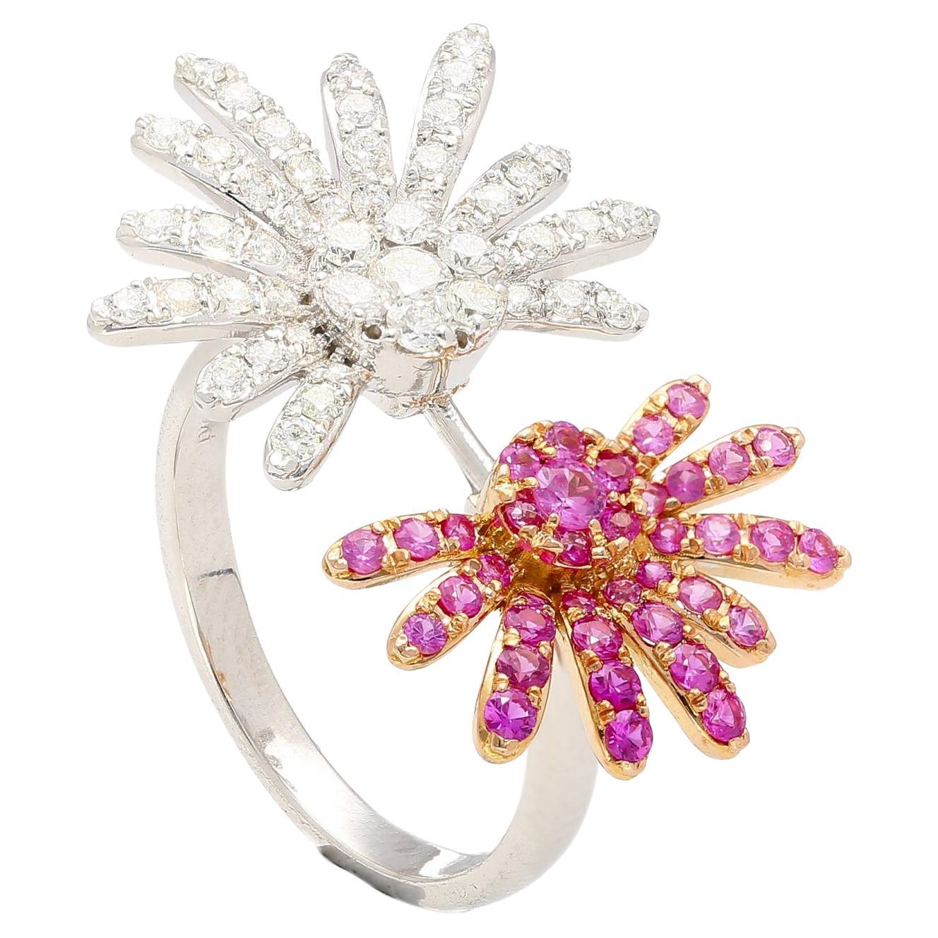 18k White Gold Flower Open Toi Et Moi Ring, Pink Sapp. & Diamond Open Ring