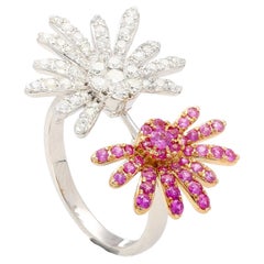 Offener Toi Et Moi-Ring aus 18 Karat Weißgold mit Blumenmuster, rosa Sapp. und Diamant