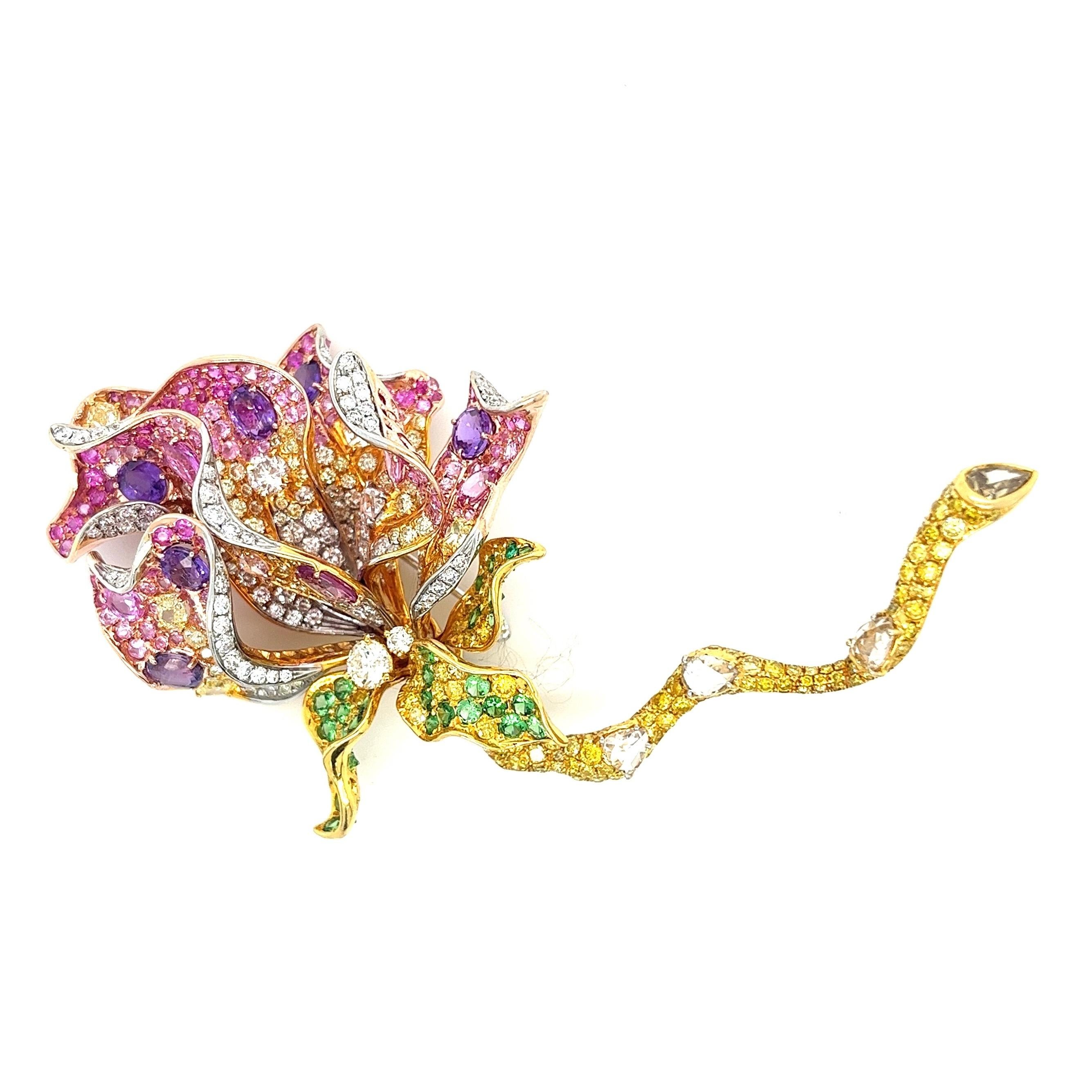 Modern 18K White Gold Flower Sapphire Brooch with Diamonds & Green Garnets For Sale
