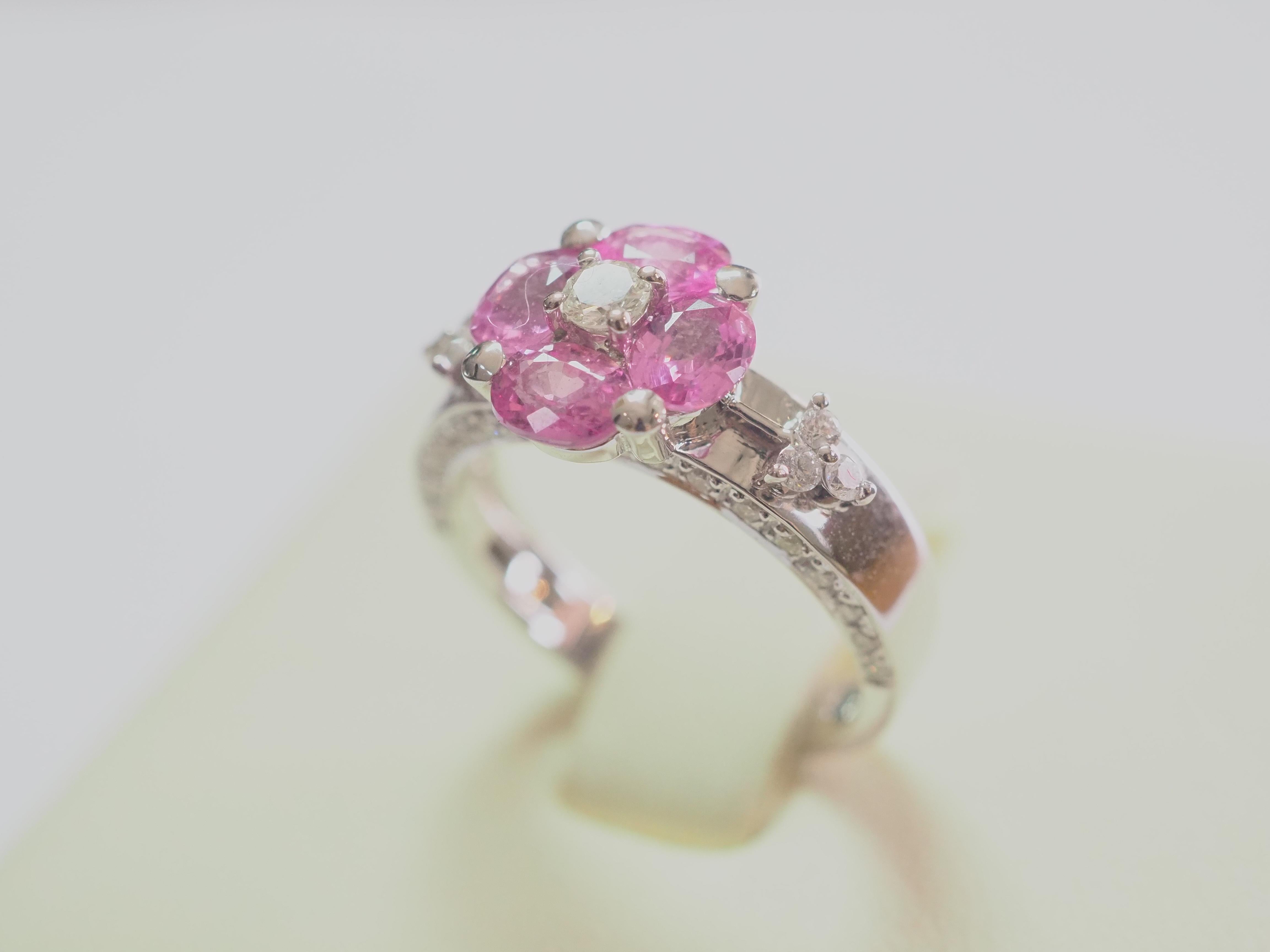 Women's 18K White Gold Flower Theme 1.77ct Pink Sapphire & 0.45ct Diamond Ring