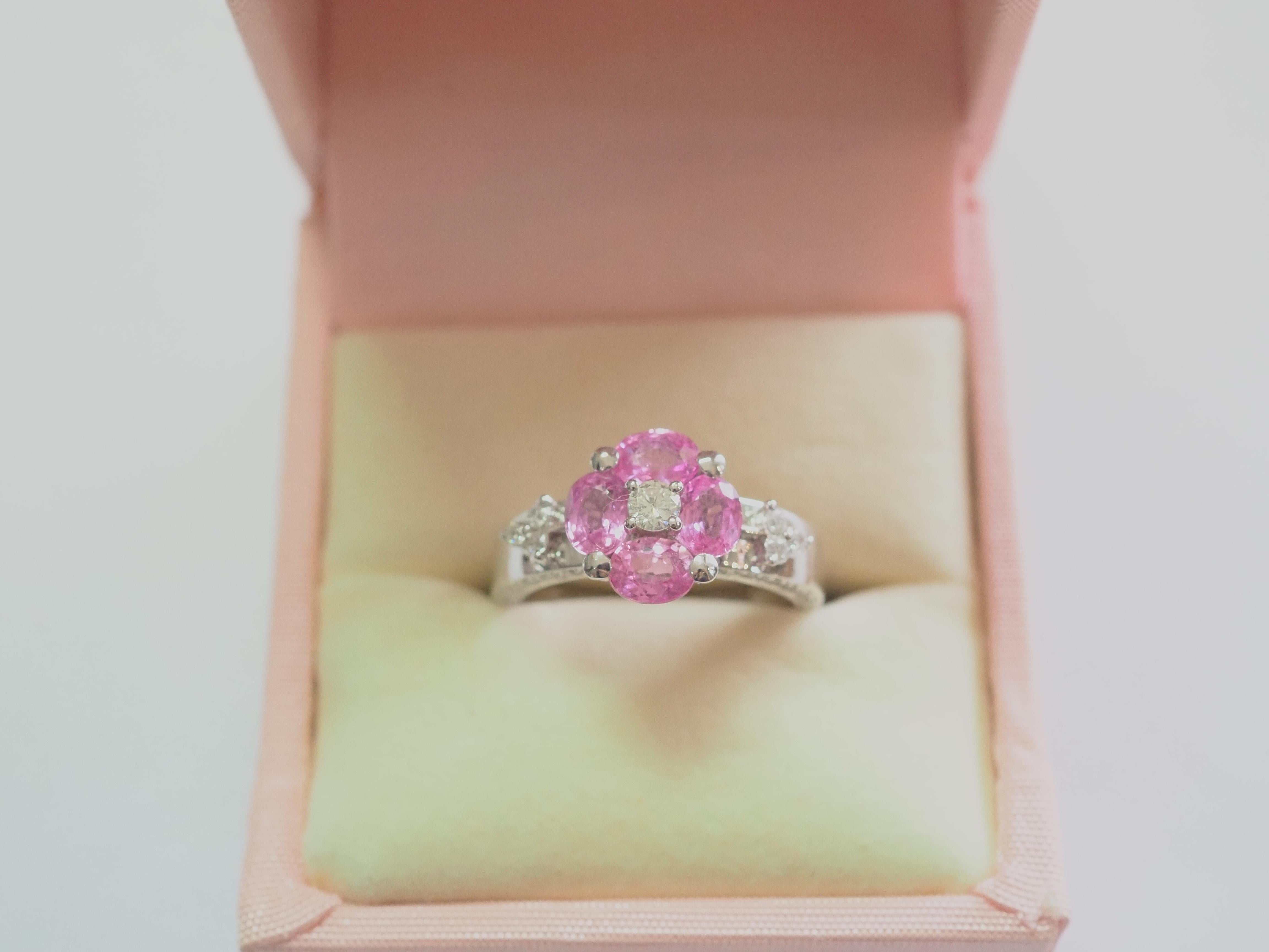 18K White Gold Flower Theme 1.77ct Pink Sapphire & 0.45ct Diamond Ring 1