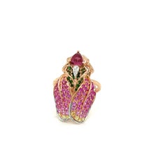 18K White Gold Fly Shaped Pink Sapphire & Tourmaline & Diamond Ring