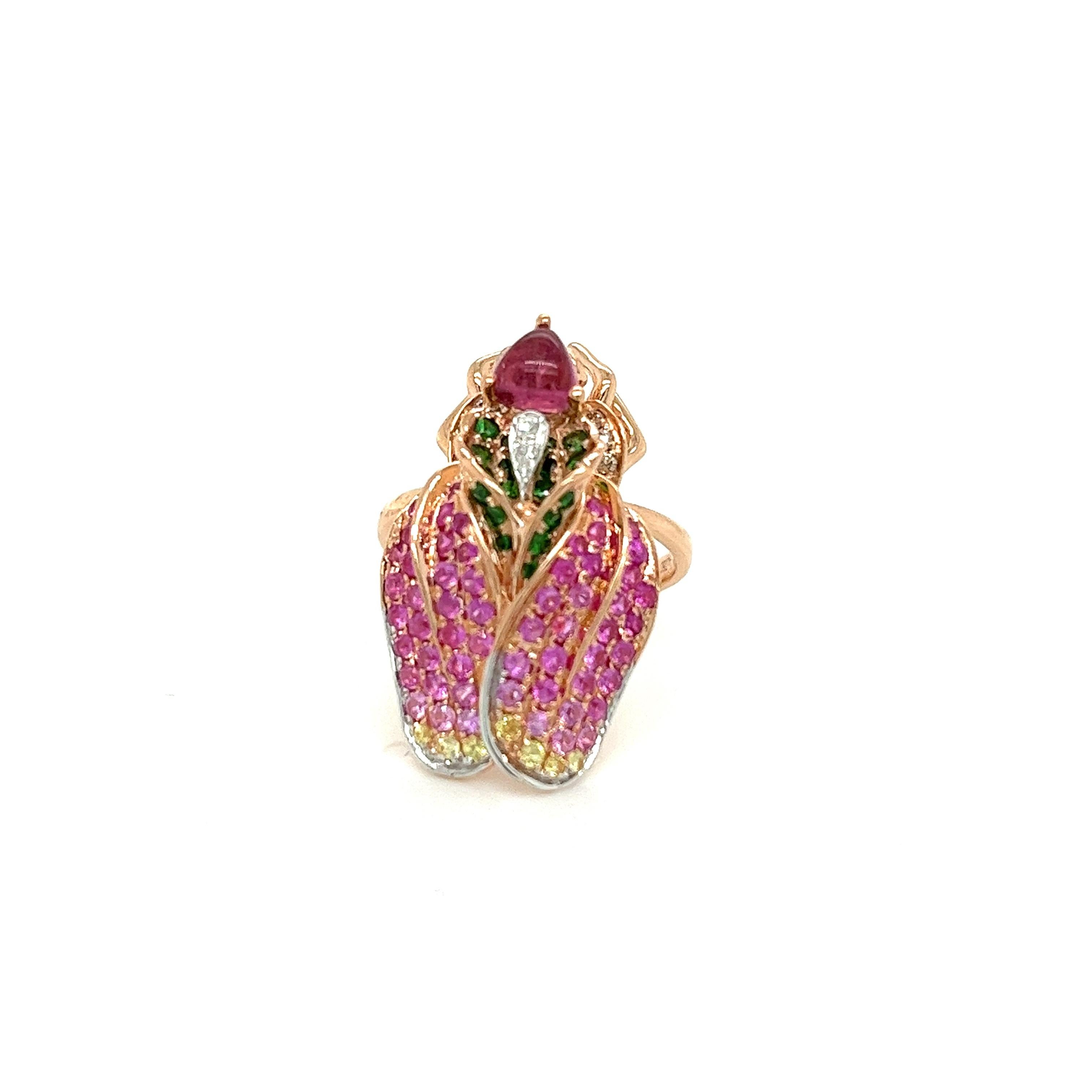 Modern 18K White Gold Fly Shaped Pink Sapphire & Tourmaline & Diamond Ring For Sale