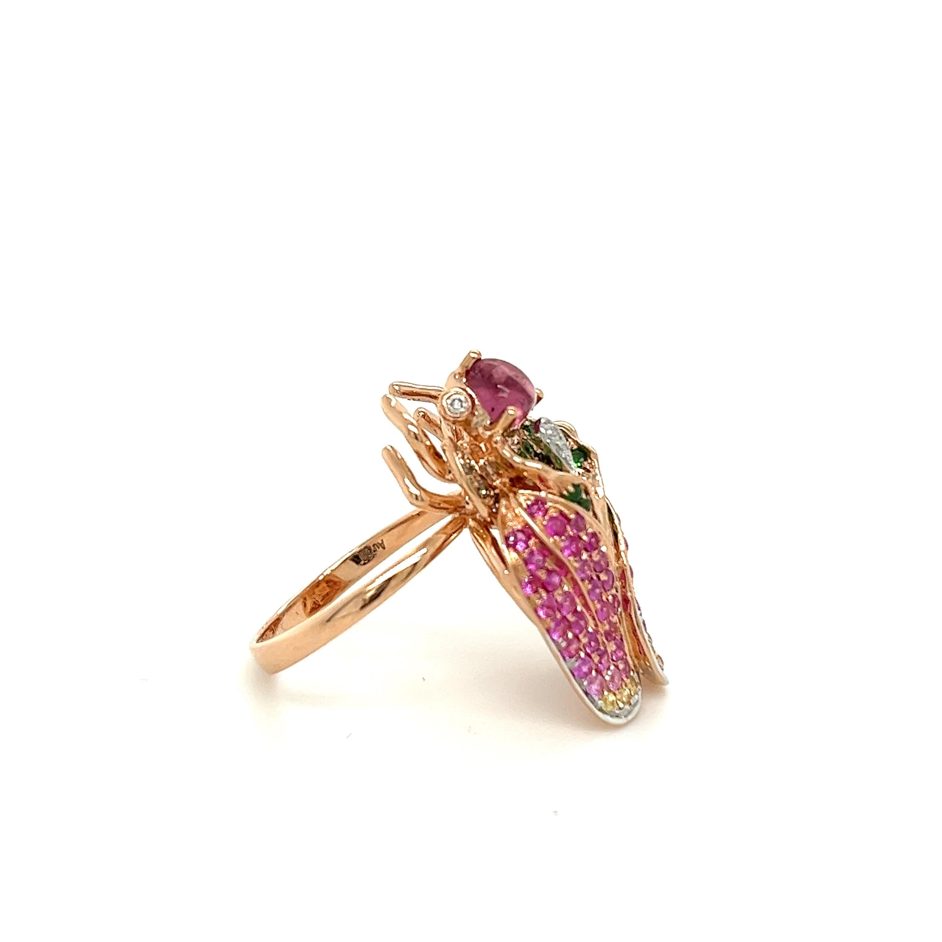 Round Cut 18K White Gold Fly Shaped Pink Sapphire & Tourmaline & Diamond Ring For Sale