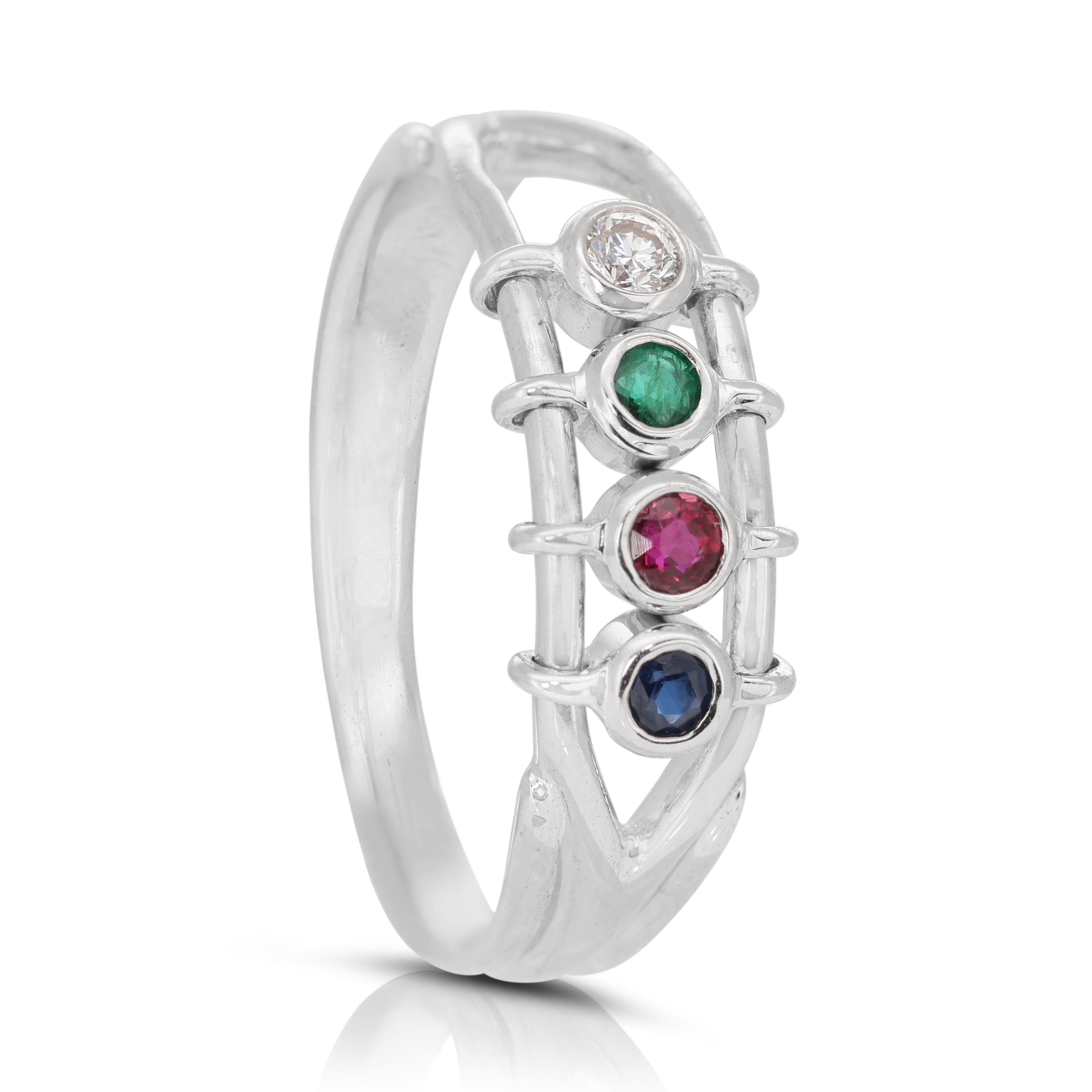 18k White Gold Four Stone Ring w/ 0.16ct Natural Ruby, Sapphire, Emerald Diamond For Sale 2