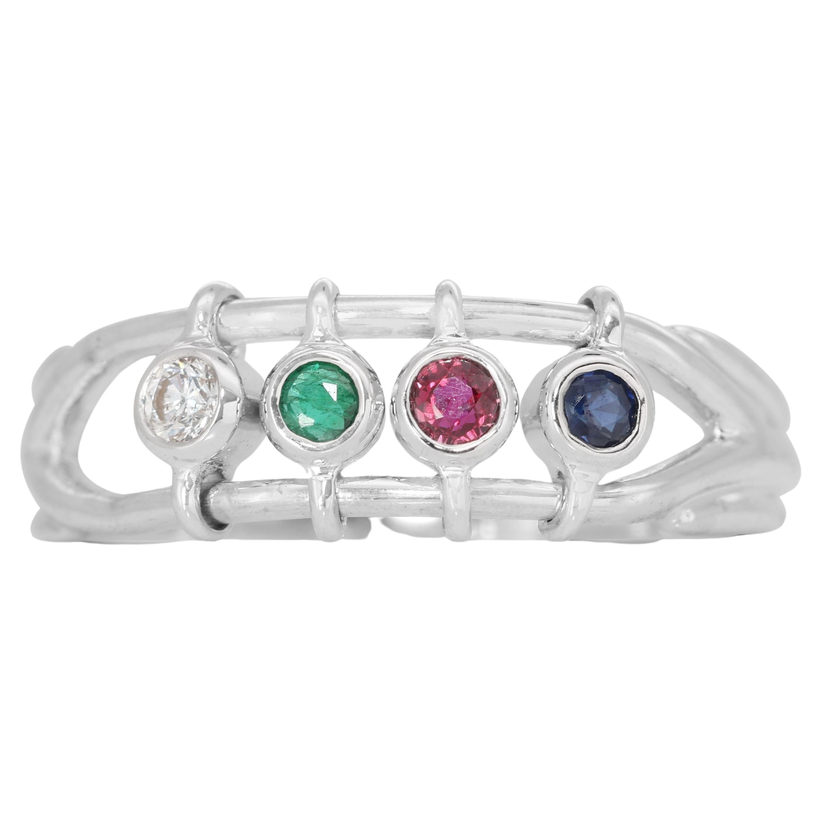 18k White Gold Four Stone Ring w/ 0.16ct Natural Ruby, Sapphire, Emerald Diamond For Sale