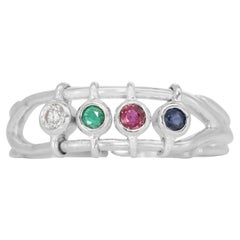 18k White Gold Four Stone Ring w/ 0.16ct Natural Ruby, Sapphire, Emerald Diamond