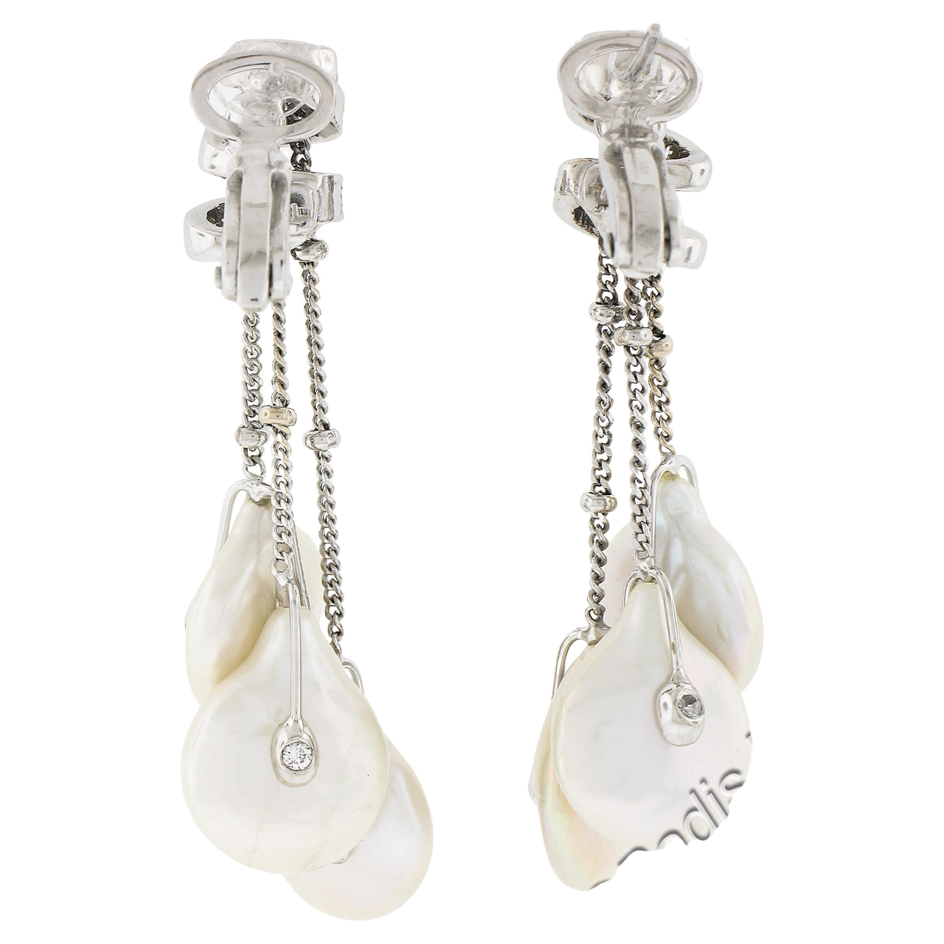 18k White Gold Freshwater Pearls w/ 0.46ctw Diamond Long Dangle Tassel Earrings For Sale