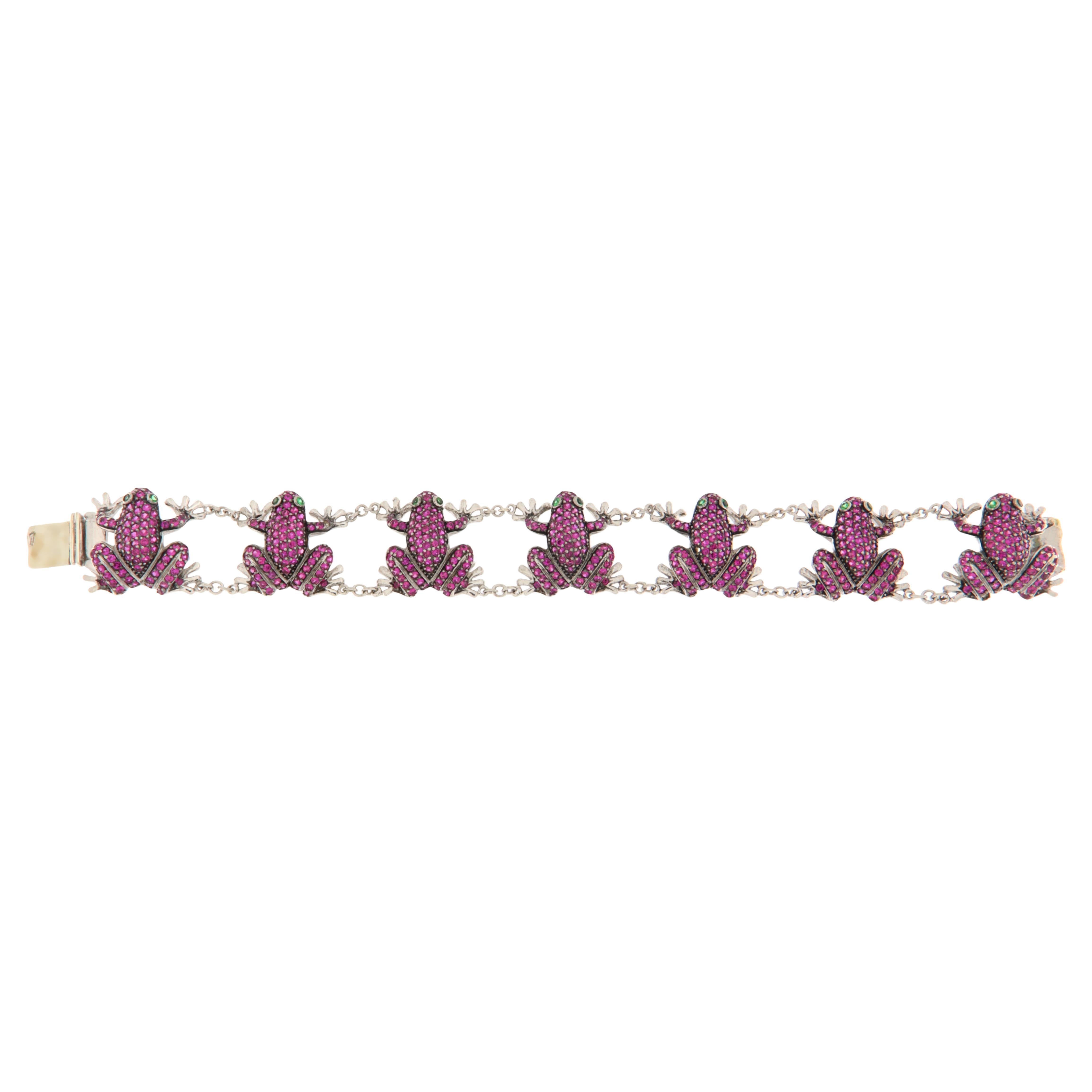 18k White Gold Frog Bracelet with Rubies and Emeralds, Italy For Sale