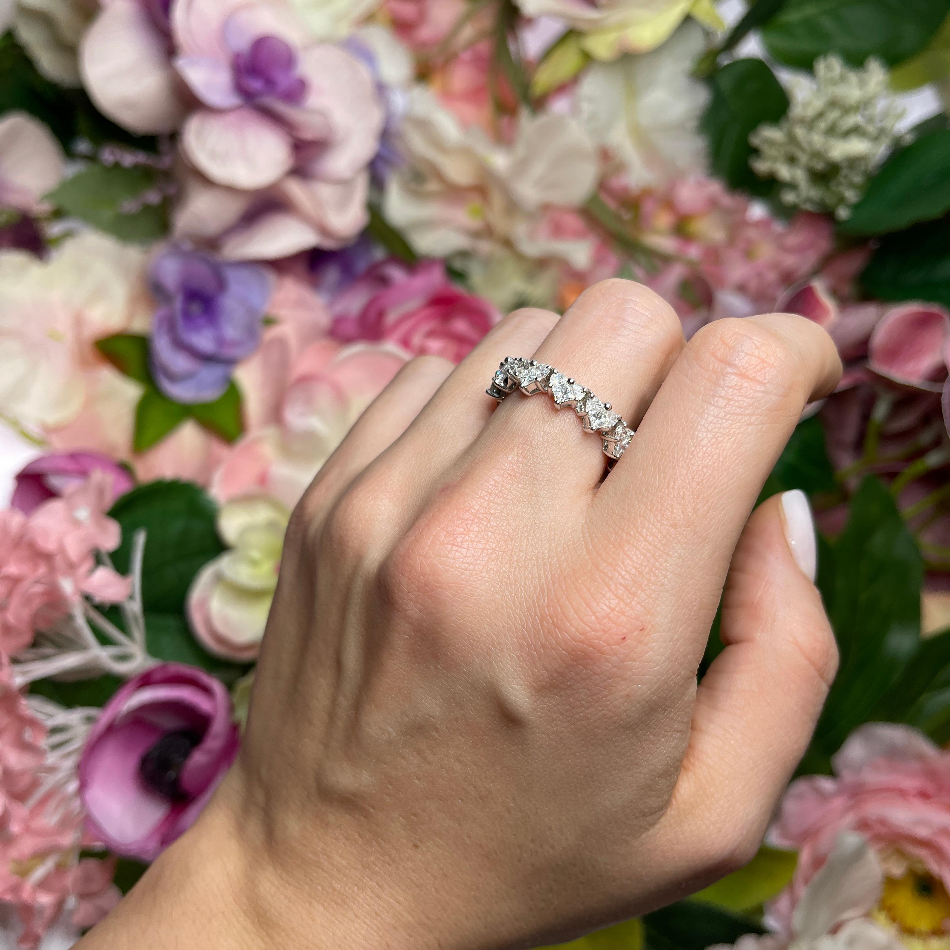 Women's or Men's 18K White Gold Full Eternity Ring with Heart-Shaped Diamonds For Sale