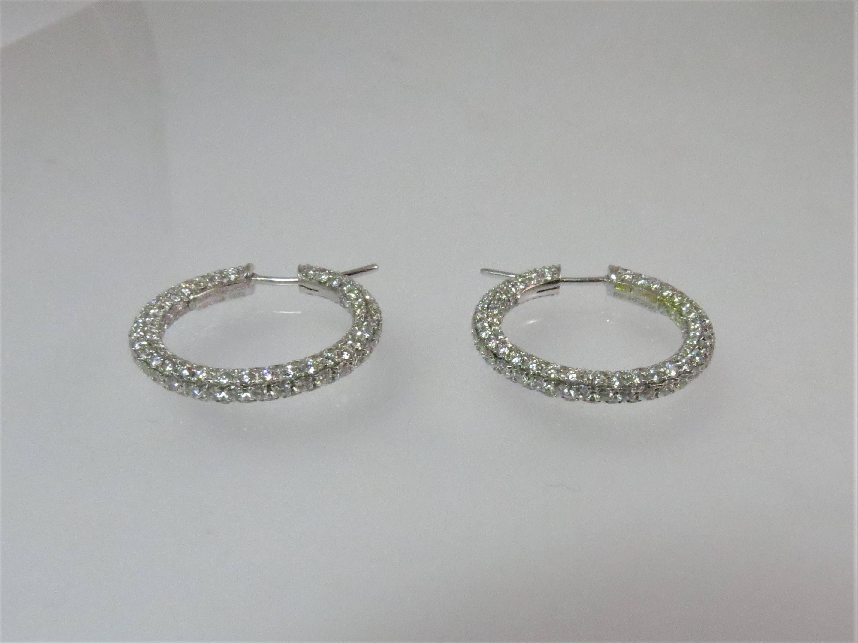 Contemporary 18 Karat White Gold Full Pave Diamond Hoop Earrings For Sale