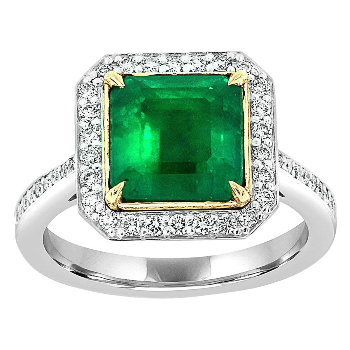 GIA Certified 3.56 Carat Square Green Emerald Halo 18k Two-Tone Diamond Ring  For Sale