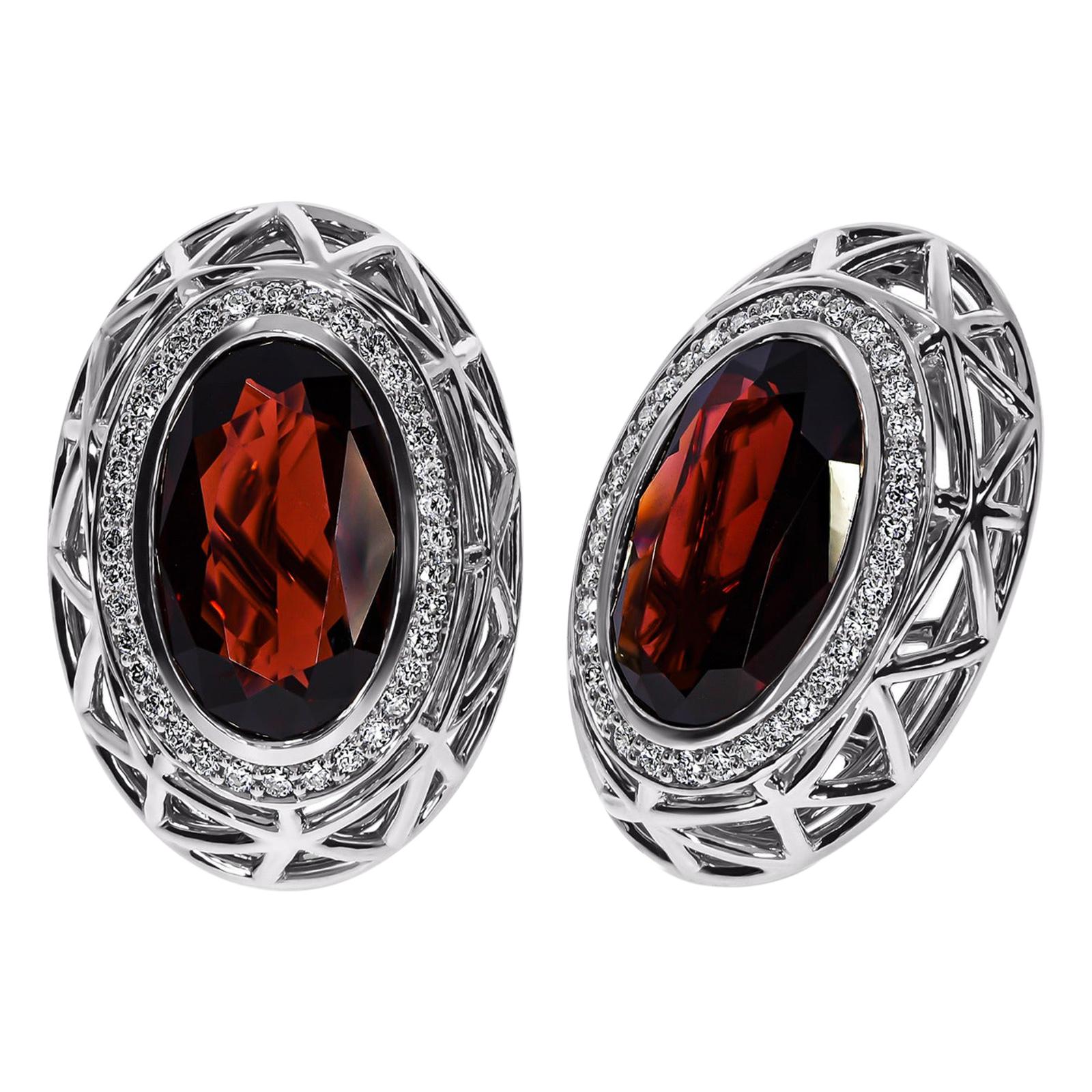 18K White Gold Garnet & Diamond Nest Pendant and Earrings For Sale