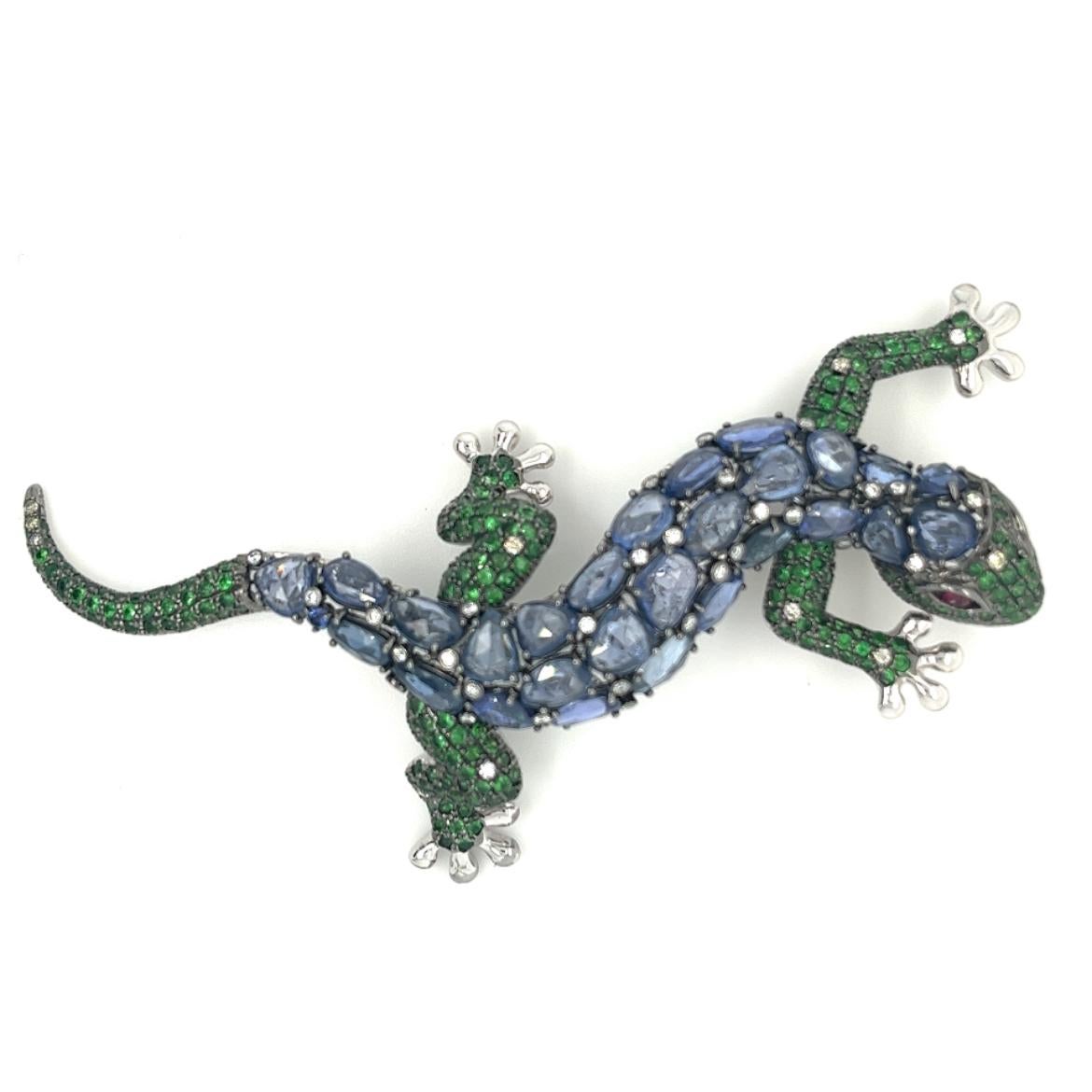 Modern 18K White Gold Gecko Brooch with Diamonds & Blue Sapphires  & Green Garnets For Sale