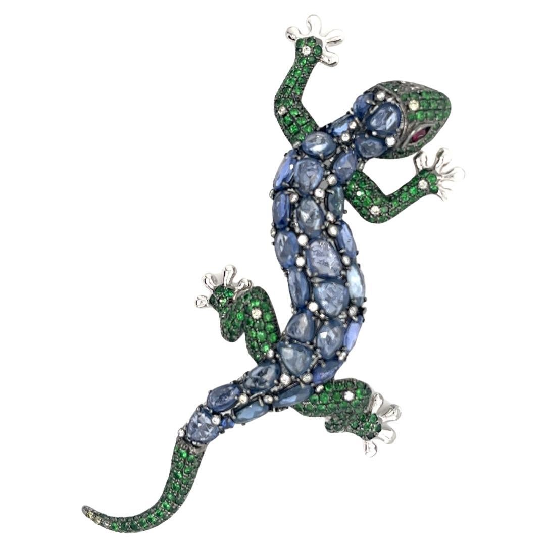 18K White Gold Gecko Brooch with Diamonds & Blue Sapphires  & Green Garnets For Sale