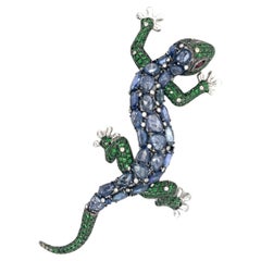 18K White Gold Gecko Brooch with Diamonds & Blue Sapphires  & Green Garnets