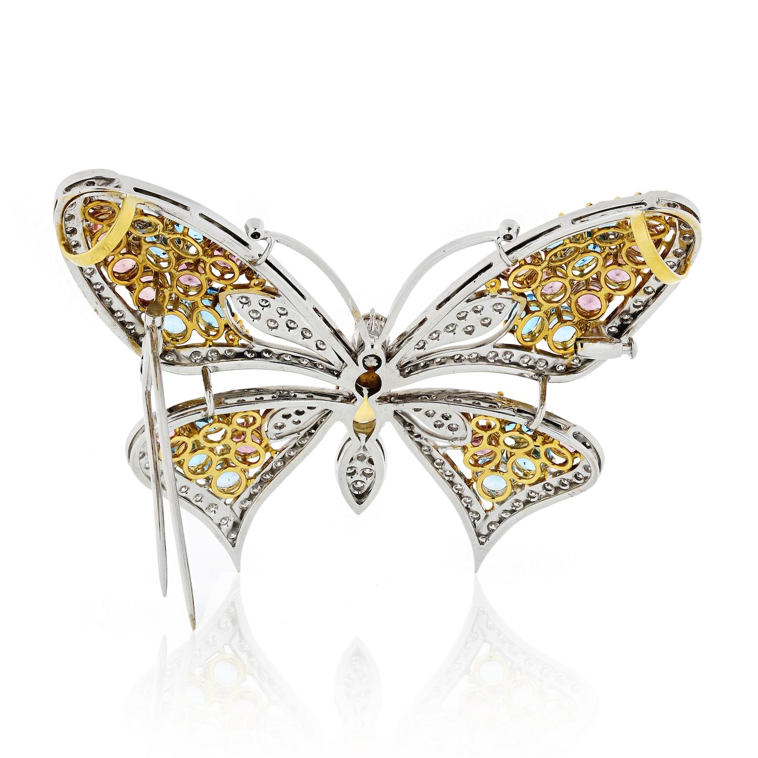 Modern 18 Karat White Gold Gemstone and Diamond Butterfly Pin Brooch
