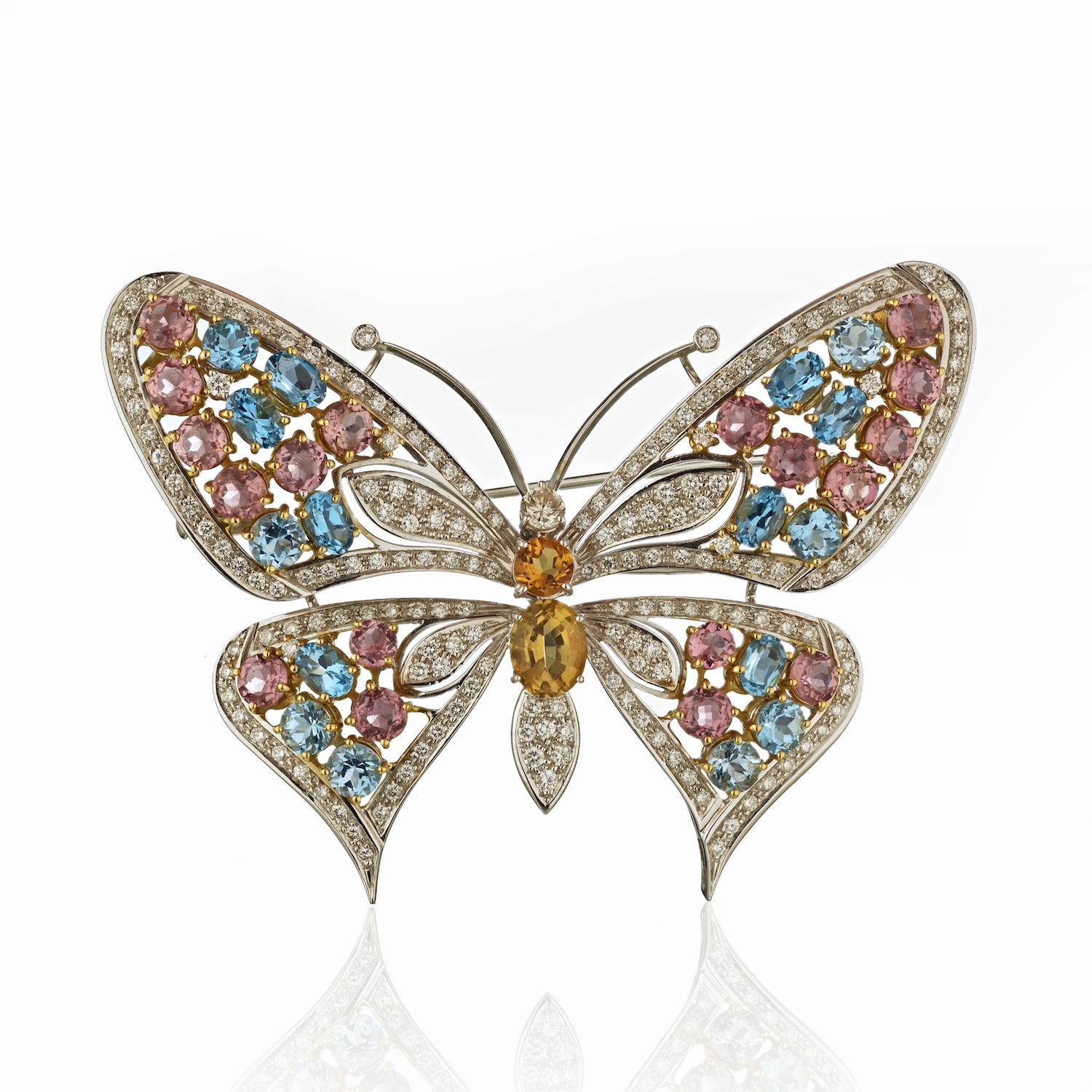 Round Cut 18 Karat White Gold Gemstone and Diamond Butterfly Pin Brooch