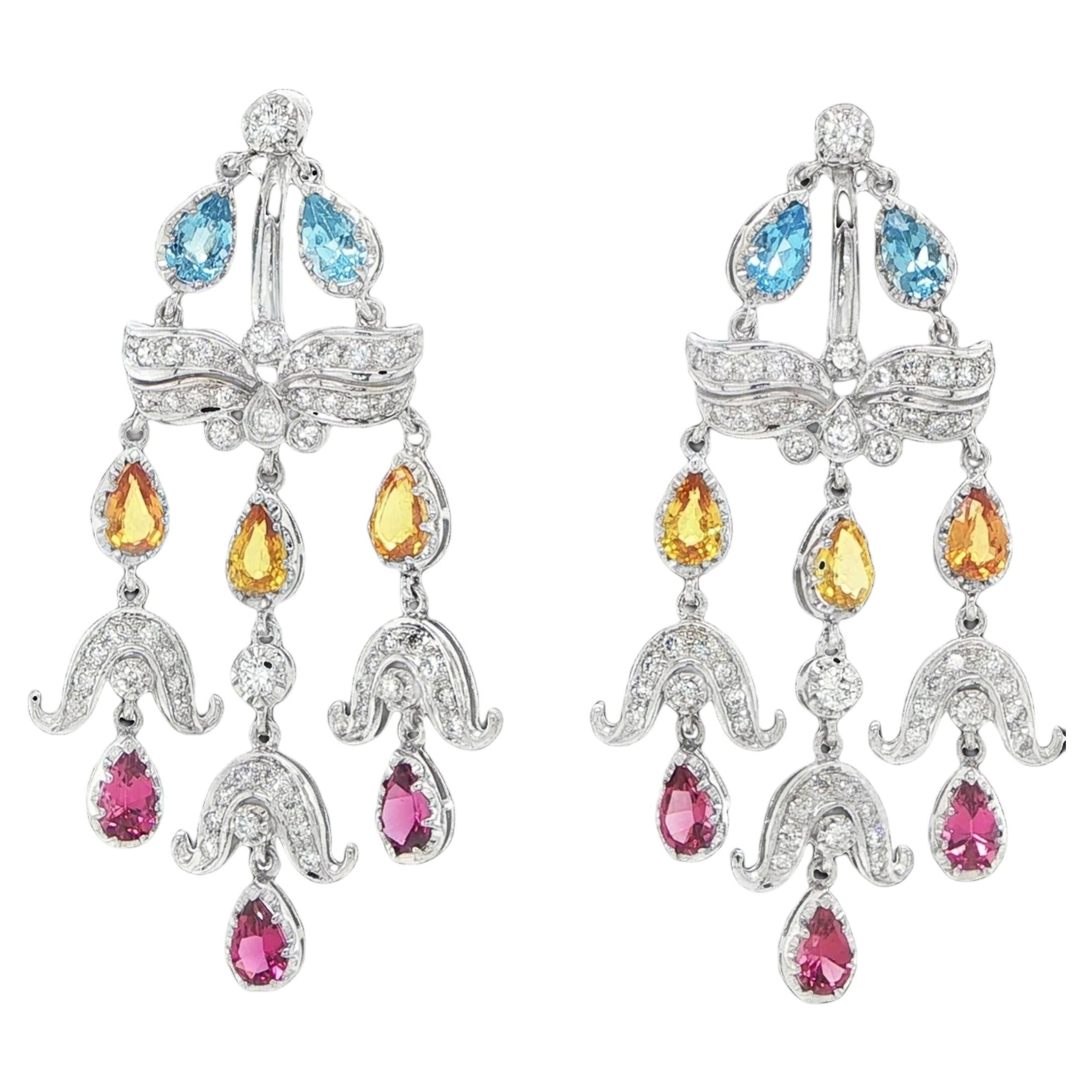18K White Gold Gemstone Chandelier Earrings For Sale