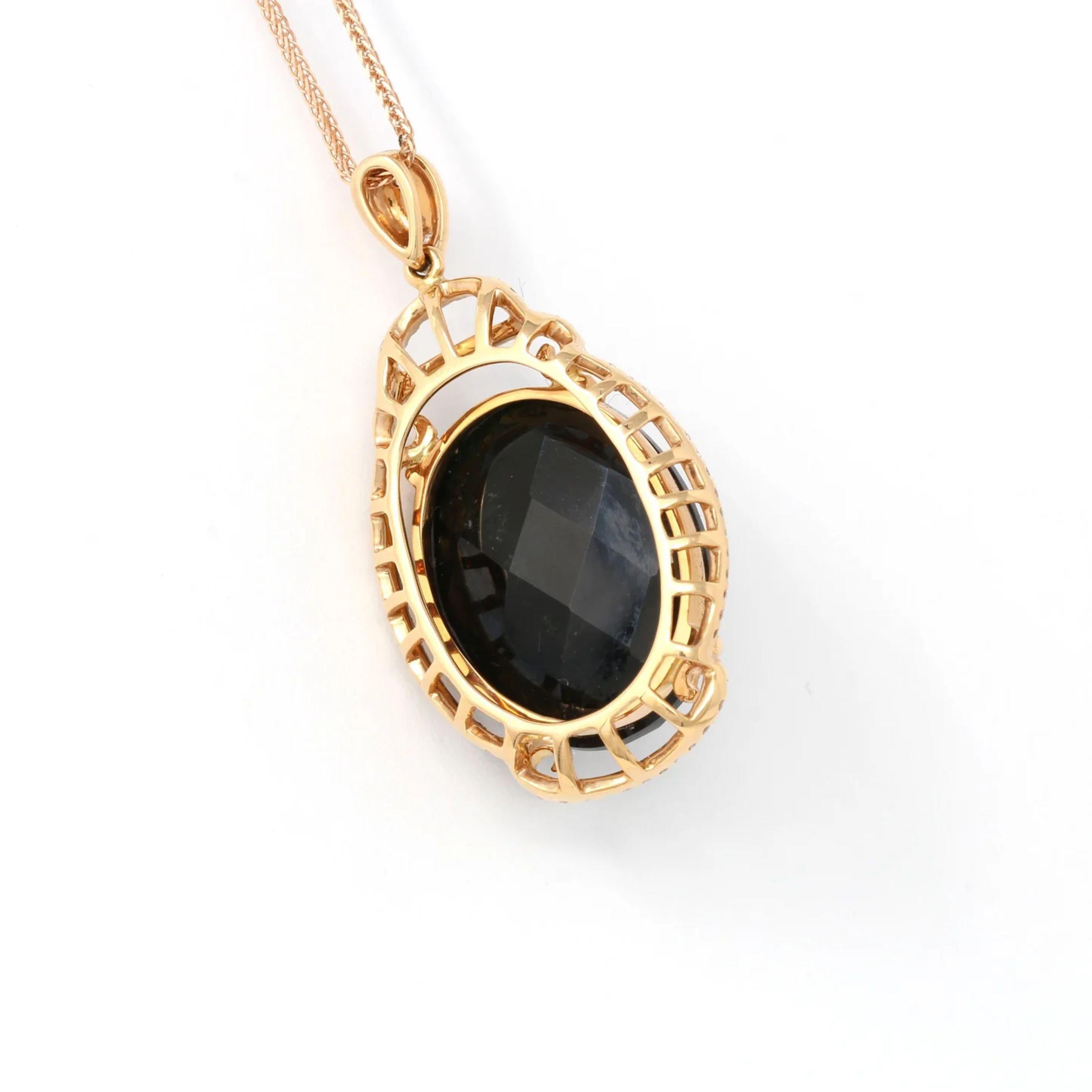 DESIGN CONCEPT--- This 18k rose gold necklace is made with high quality genuine black Burmese jadeite that is truly one of a kind. 27 ct of rich, black color with the magical property of black jade which shows green under the light. The design was a