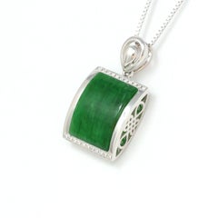 18k White Gold Genuine Burmese Jadeite Ruyi Pendant Necklace with Diamond