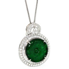 18K White Gold Genuine Luxury Imperial Jadeite KouKou Pendant with Diamonds