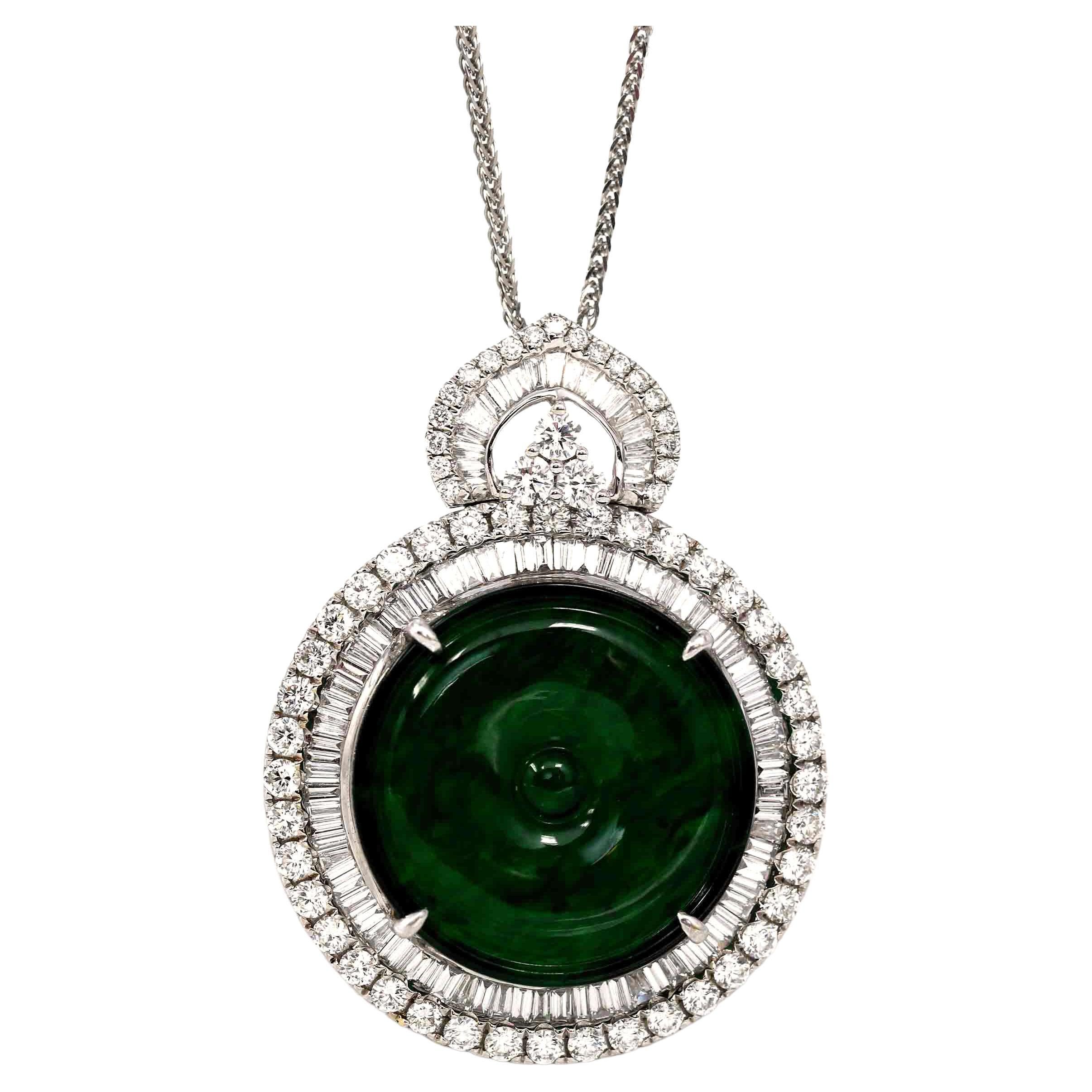 18K White Gold Genuine Luxury Imperial Jadeite KouKou Pendant with Diamonds