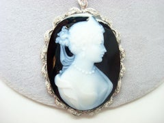 18k White Gold Genuine Natural Agate Stone Cameo Diamond Pendant '#J2463'