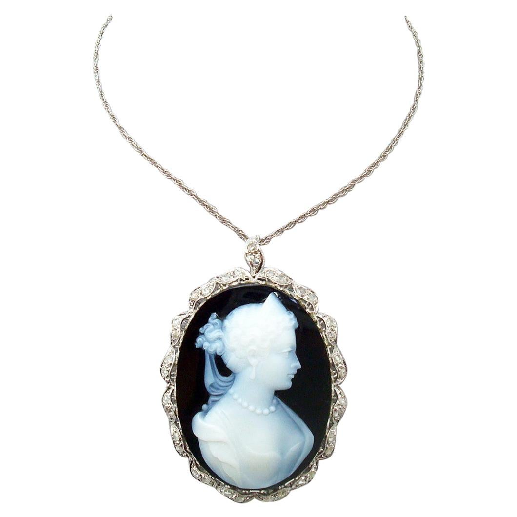 18k White Gold Genuine Natural Agate Stone Cameo Diamond Pendant '#J2463'