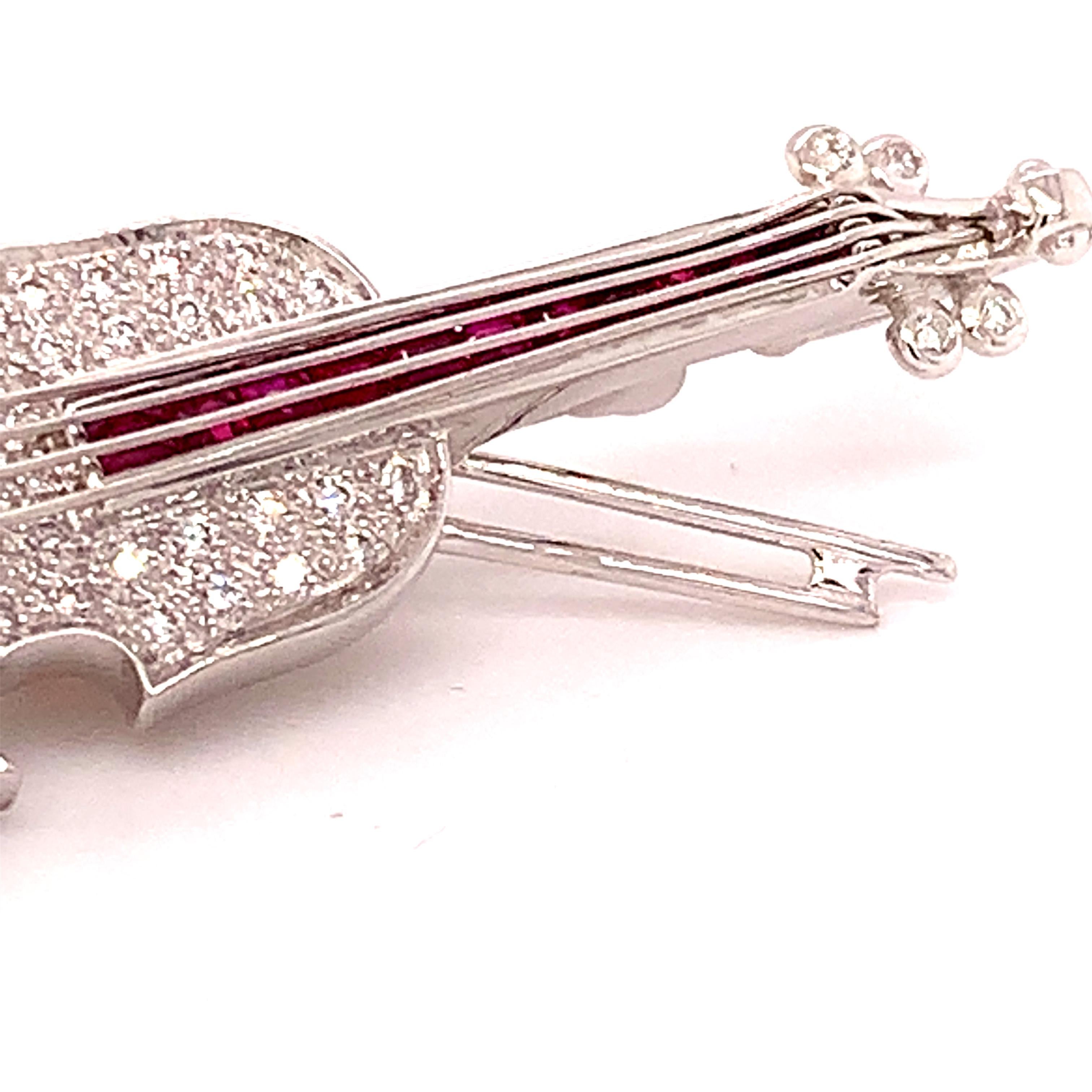 18k White Gold Genuine Natural Diamond and Ruby Violin Viola Brooch Pin '#J4846' For Sale 2