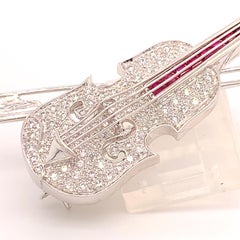 18k White Gold Genuine Natural Diamond and Ruby Violin Viola Brooch Pin '#J4846'