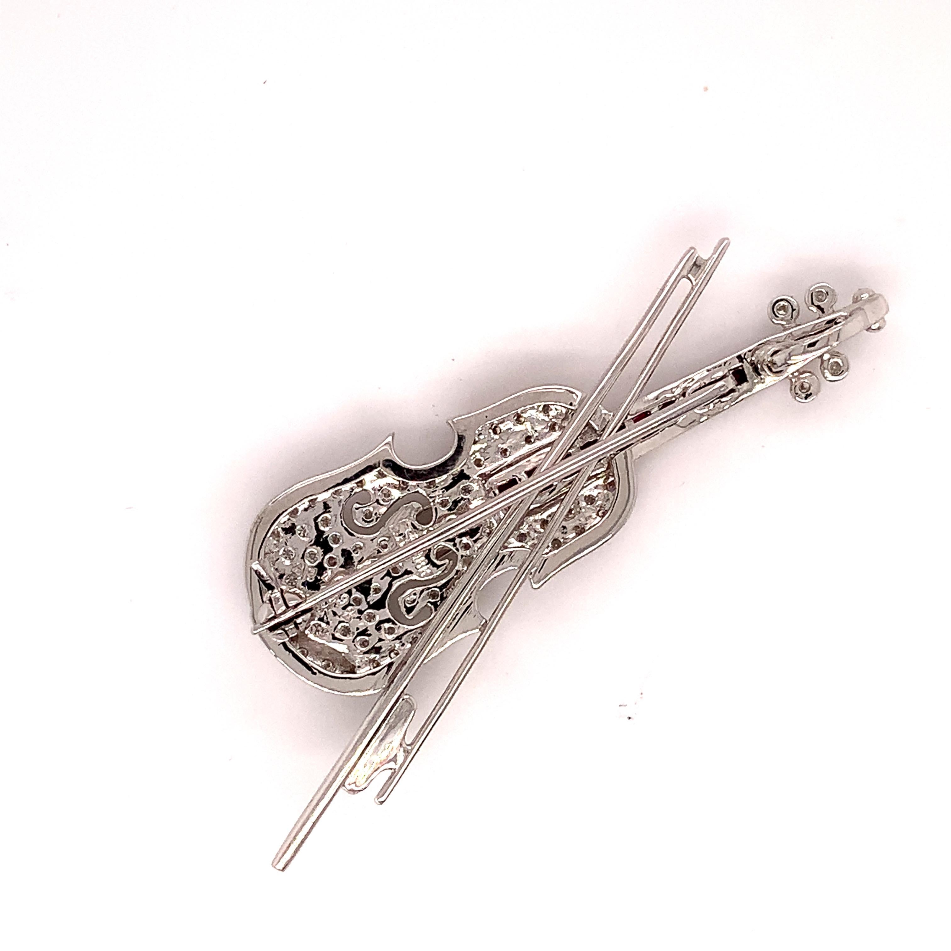 Contemporary 18k White Gold Genuine Natural Diamond and Ruby Violin Viola Brooch Pin '#J4846' For Sale
