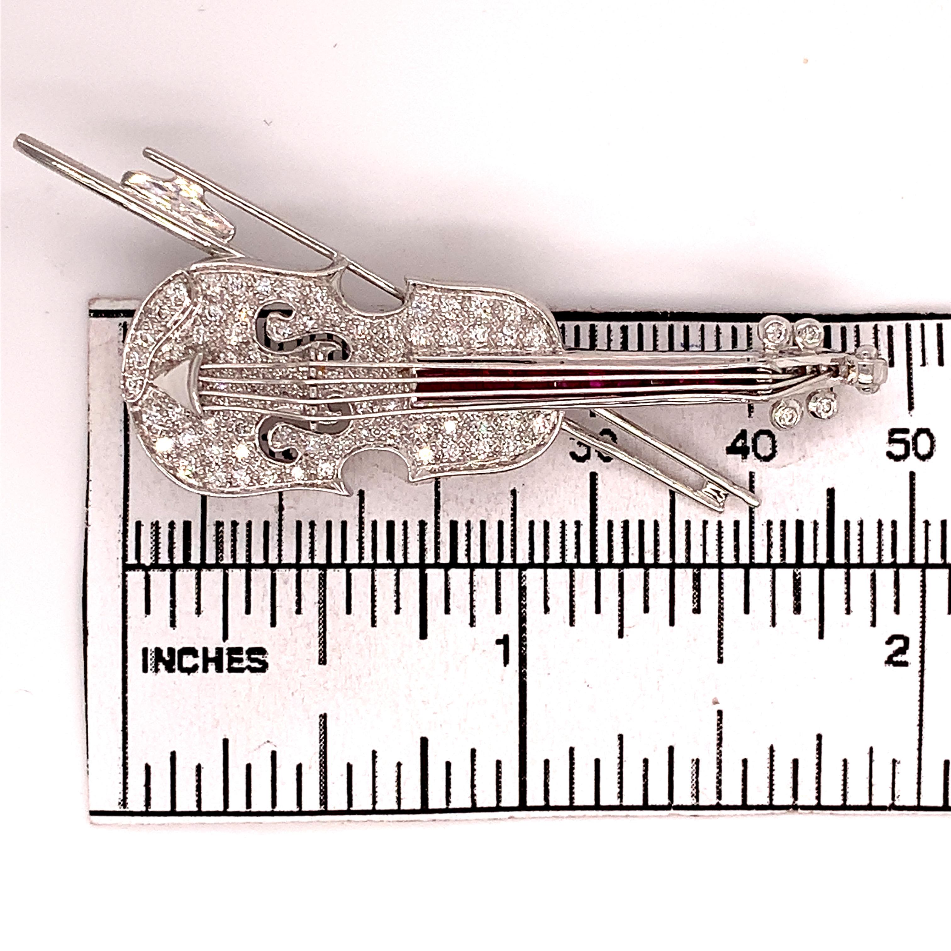 18k White Gold Genuine Natural Diamond and Ruby Violin Viola Brooch Pin '#J4846' In Excellent Condition For Sale In Big Bend, WI
