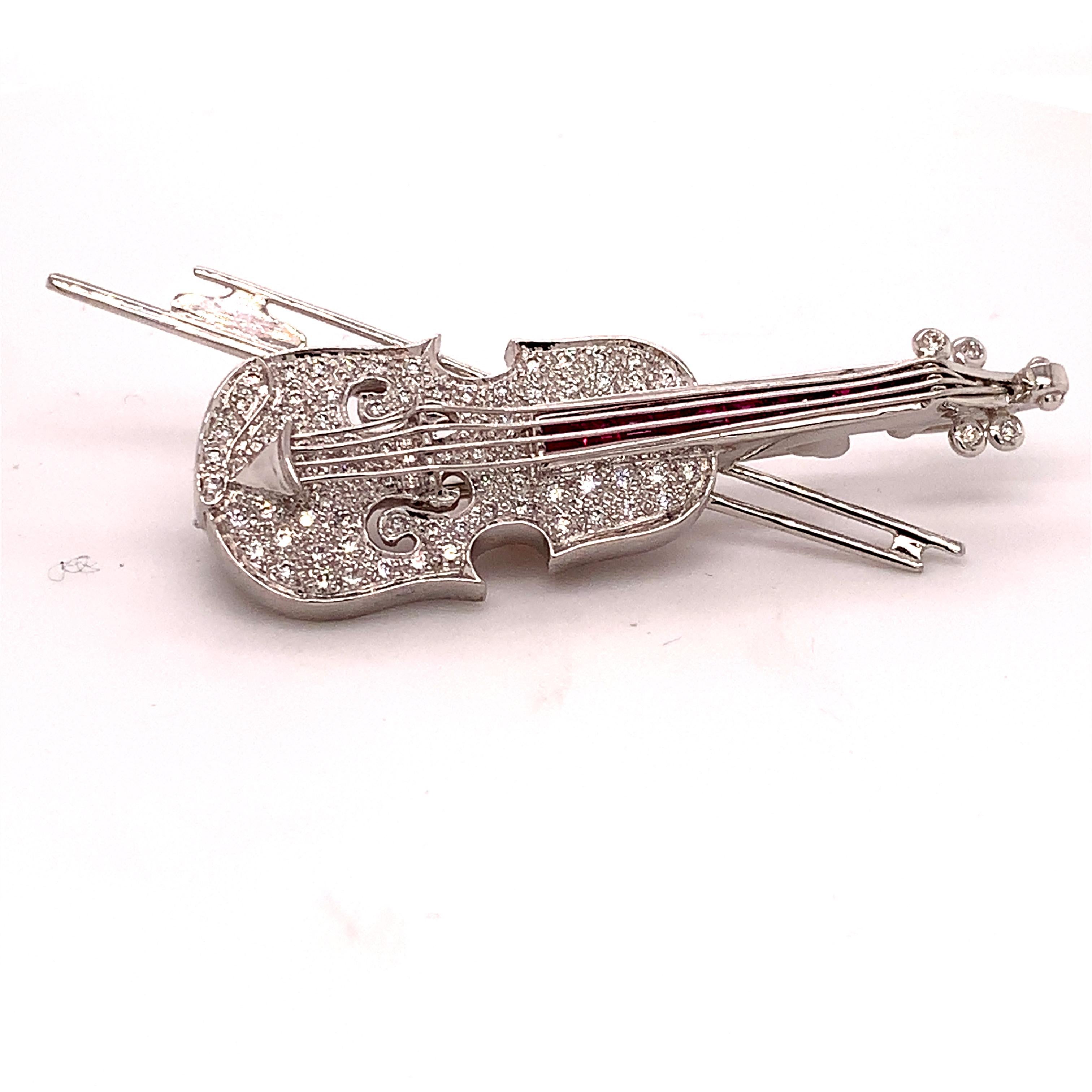 Women's 18k White Gold Genuine Natural Diamond and Ruby Violin Viola Brooch Pin '#J4846' For Sale