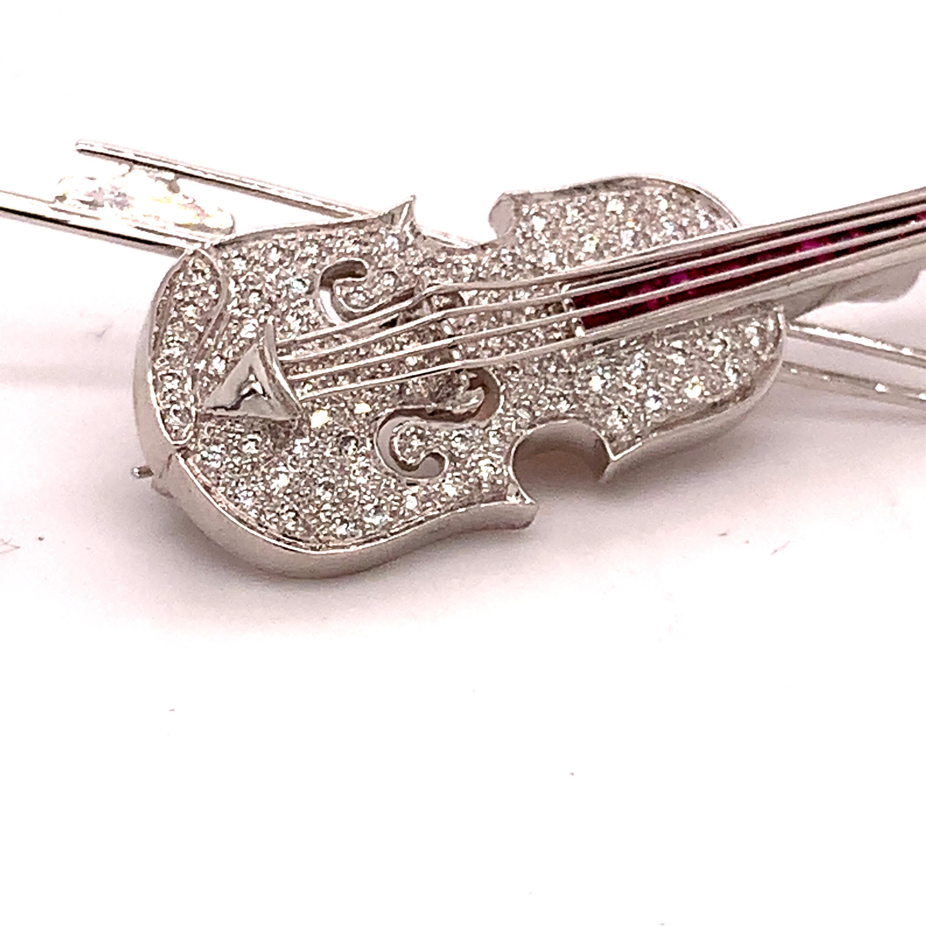 18k White Gold Genuine Natural Diamond and Ruby Violin Viola Brooch Pin '#J4846' For Sale 1
